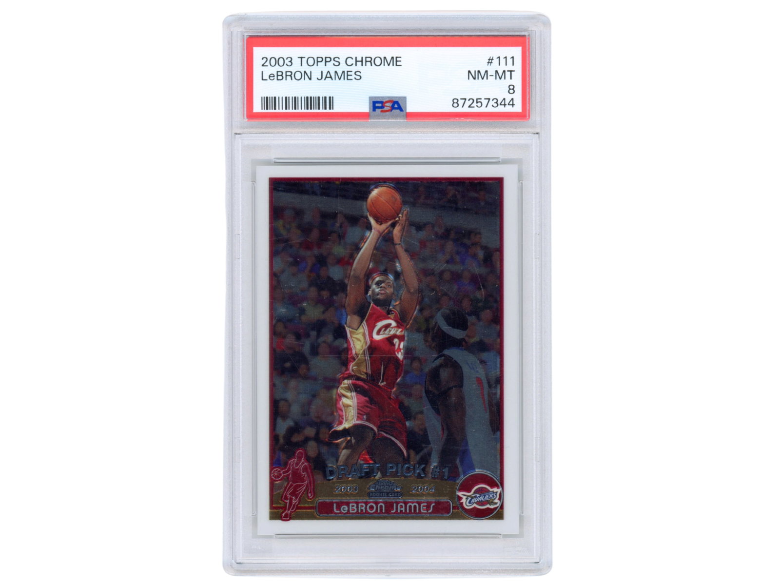 2003 Topps Chrome #111 LeBron PSA NM-MT 8: 2003 Topps Chrome basketball card #111 LeBron James, graded PSA NM-MT 8. One of the most recognized and desirable modern basketball rookie cards, issued during James' landmark rookie season as one of 