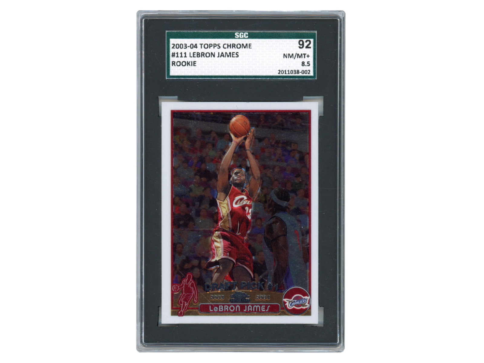 2003 Topps Chrome #111 LeBron SGC NM-MT+ 8.5: 2003 Topps Chrome basketball card #111 LeBron James, graded SGC NM-MT+ 8.5. One of the most recognized and desirable modern basketball rookie cards, issued during James' landmark rookie season as one 