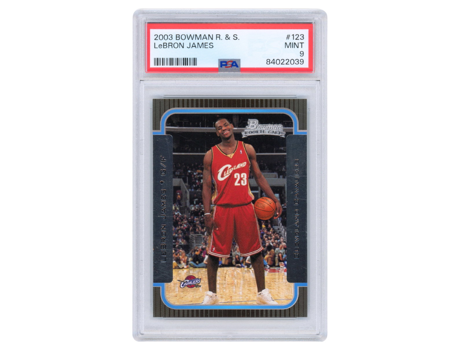 2003 Bowman Chrome R&S #123 LeBron James PSA 9: 2003-04 Bowman Chrome R & S basketball card #123 LeBron James Cleveland Cavaliers rookie card, graded PSA MINT 9. Issued during James' debut NBA season, this chromium rookie remains a popular early-ca