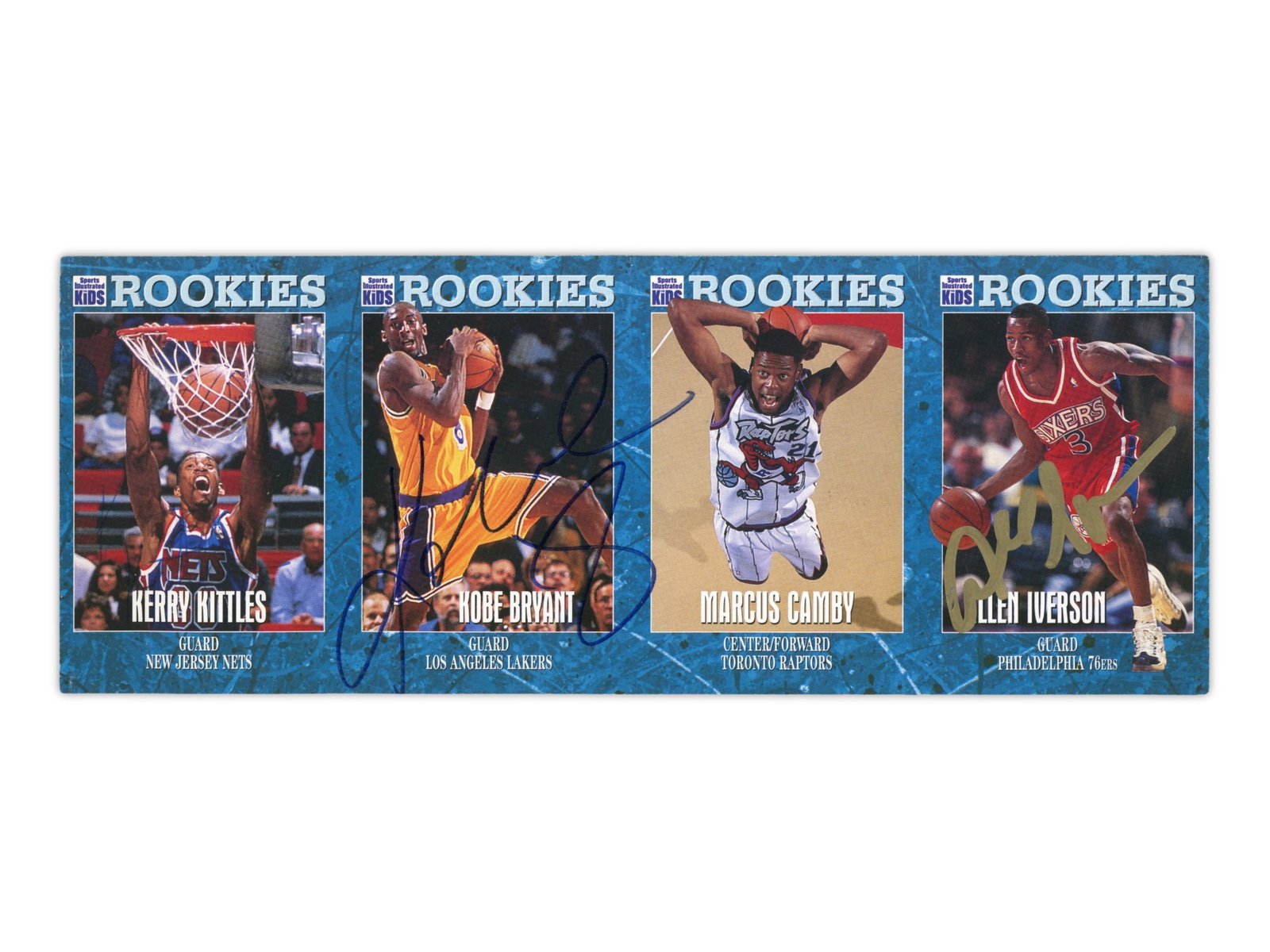 Kobe & AI Signed SI Kids Rookie Sheet - JSA: Exceptional and possibly unique uncut 1997 Sports Illustrated for Kids rookie card sheet measuring approximately 3 1/2 x 10 inches. Signed by Kobe Bryant, Allen Iverson, and Kerry Kittles. Features al