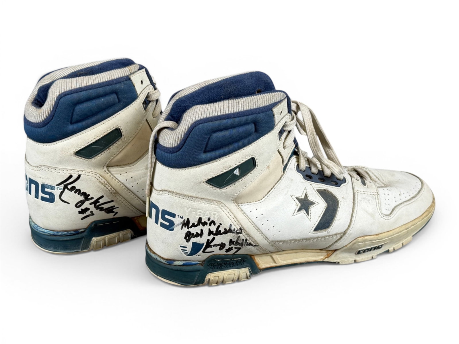 Kenny Walker Game Worn Signed Converse CONS: Pair of Converse CONS basketball sneakers game worn by Kenny "Sky" Walker. High-top model featuring Converse's Y-BAR stability system and CONS performance branding. One shoe is signed and inscribed, "