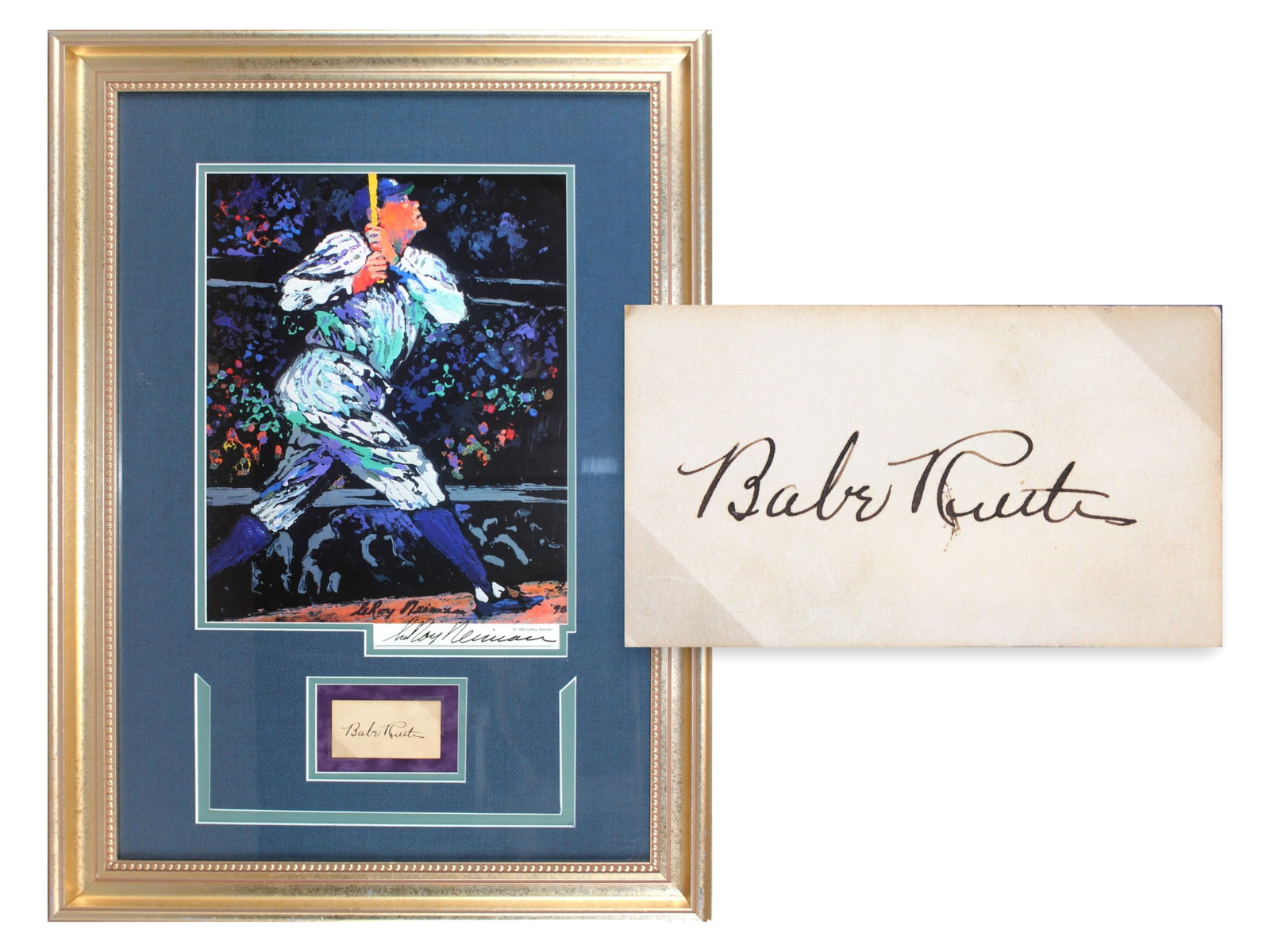 Babe Ruth Signed Cut with Display - JSA: Babe Ruth signed 2" x 3.5" off-white card in black fountain pen, beautifully framed beneath a Leroy Neiman signed print of Ruth. The card is mounted with corner tabs and remains removable. Framed disp