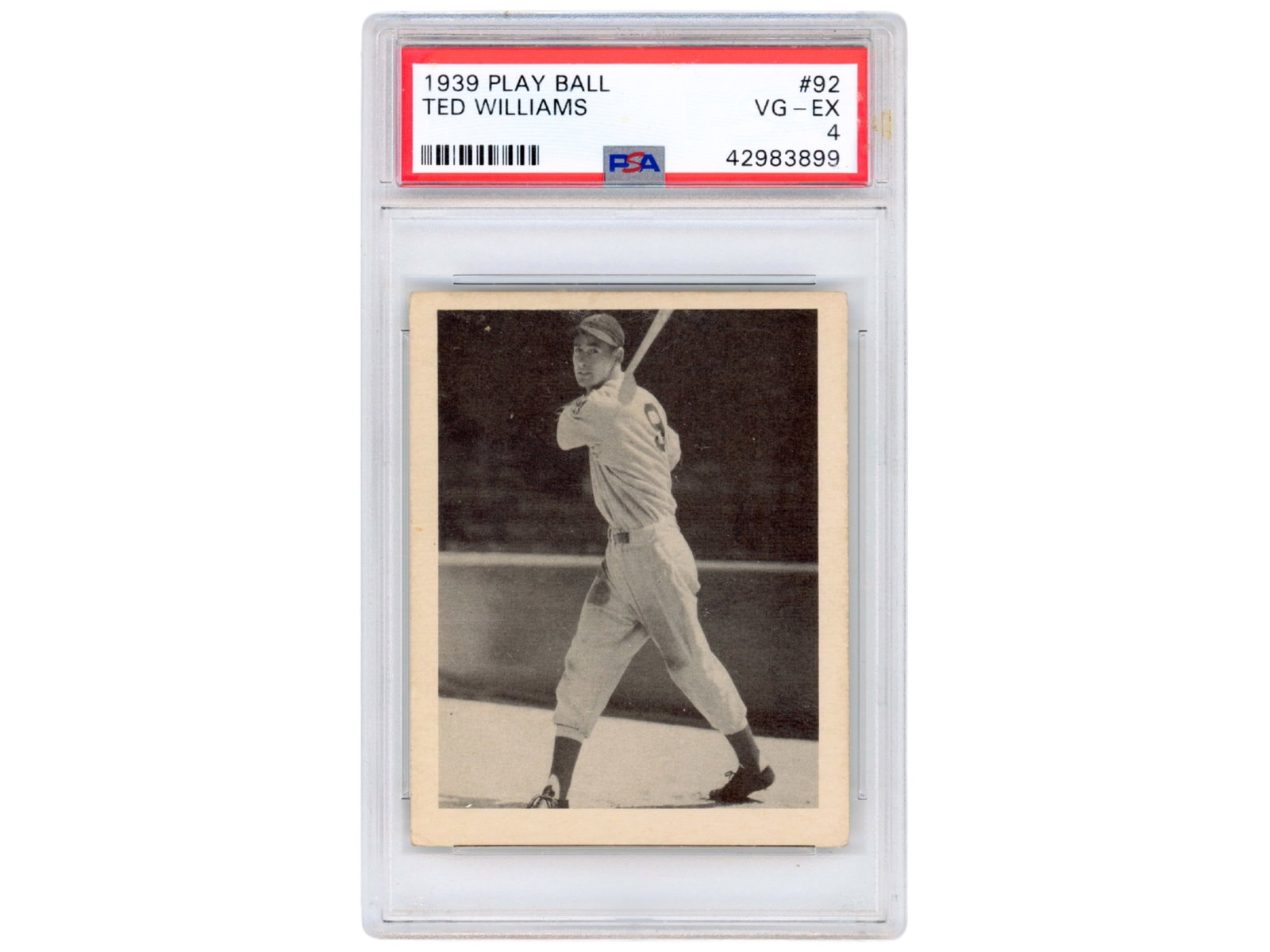 1939 Play Ball #92 Ted Williams PSA 4: 1939 Play Ball #92 Ted Williams rookie card graded PSA VG-EX 4 (Cert #42983899). One of the most iconic pre-war baseball cards, representing the rookie issue of Hall of Famer Ted Williams. See images 
