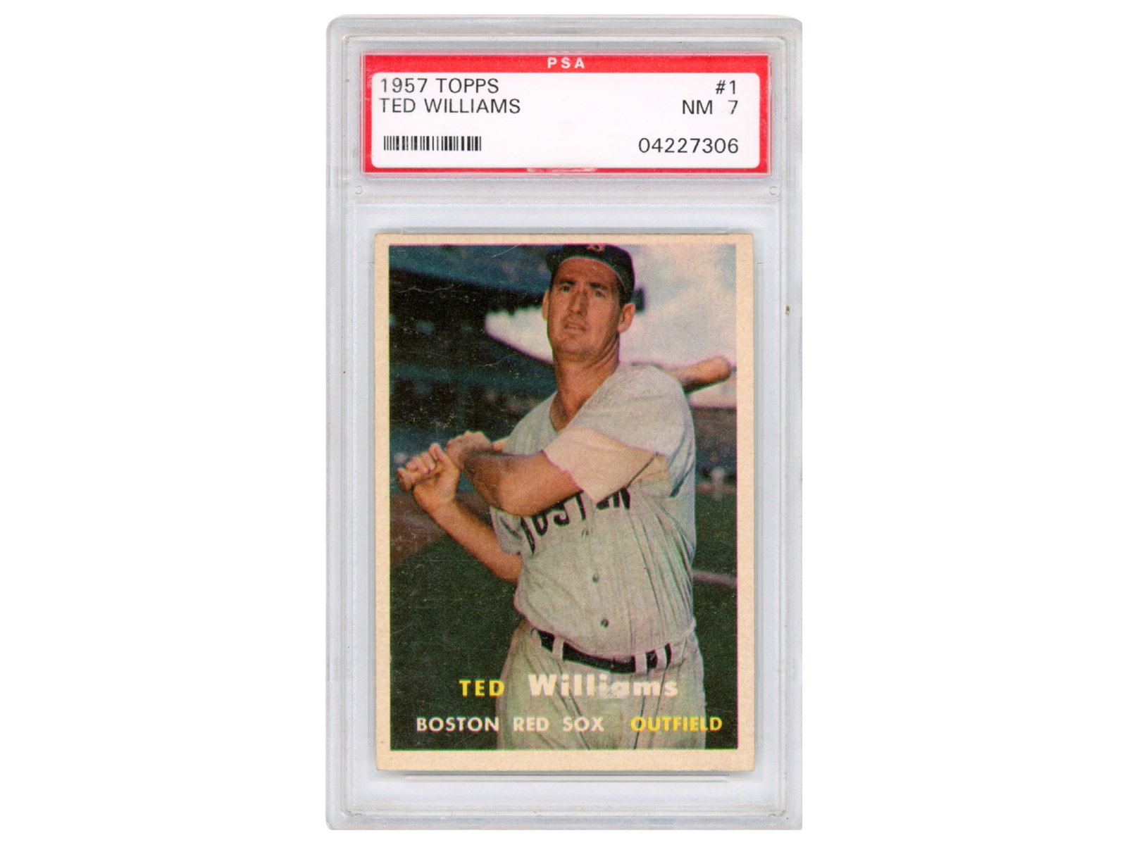 1957 Topps #1 Ted Williams PSA 7: 1957 Topps #1 Ted Williams graded PSA NM 7 (Cert #04227306). Classic Topps issue featuring the Hall of Famer and one of the premier hitters in baseball history. See images for condition. Shipping: Wei