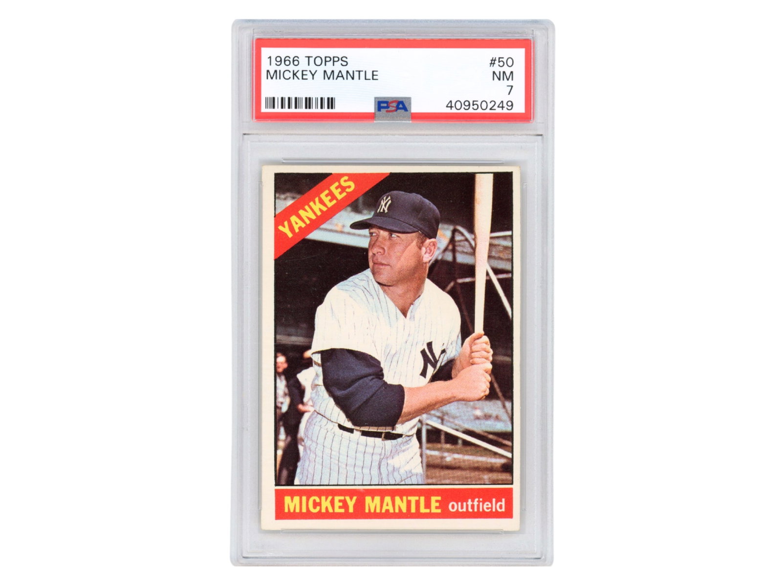 1966 Topps #50 Mickey Mantle PSA 7: 1966 Topps #50 Mickey Mantle graded PSA NM 7 (Cert #40950249). Late-career issue of the Hall of Fame Yankees legend and one of the most collected players in the hobby. See images for condition. Shippi
