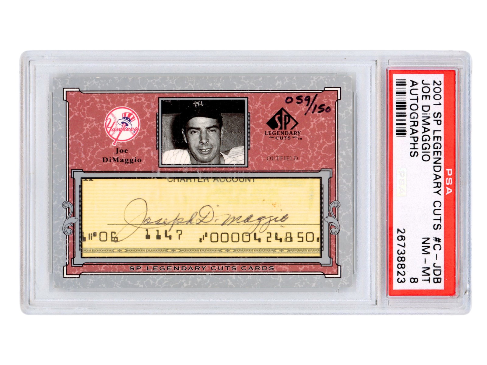 2001 SP Cuts DiMaggio Cut Auto PSA 8: 2001 Upper Deck SP Legendary Cuts Joe DiMaggio cut signature check card (C-JDB), serial numbered 59/150. Encapsulated by PSA (Cert #26738823). Authentic cut signature featuring the full name of the Ha