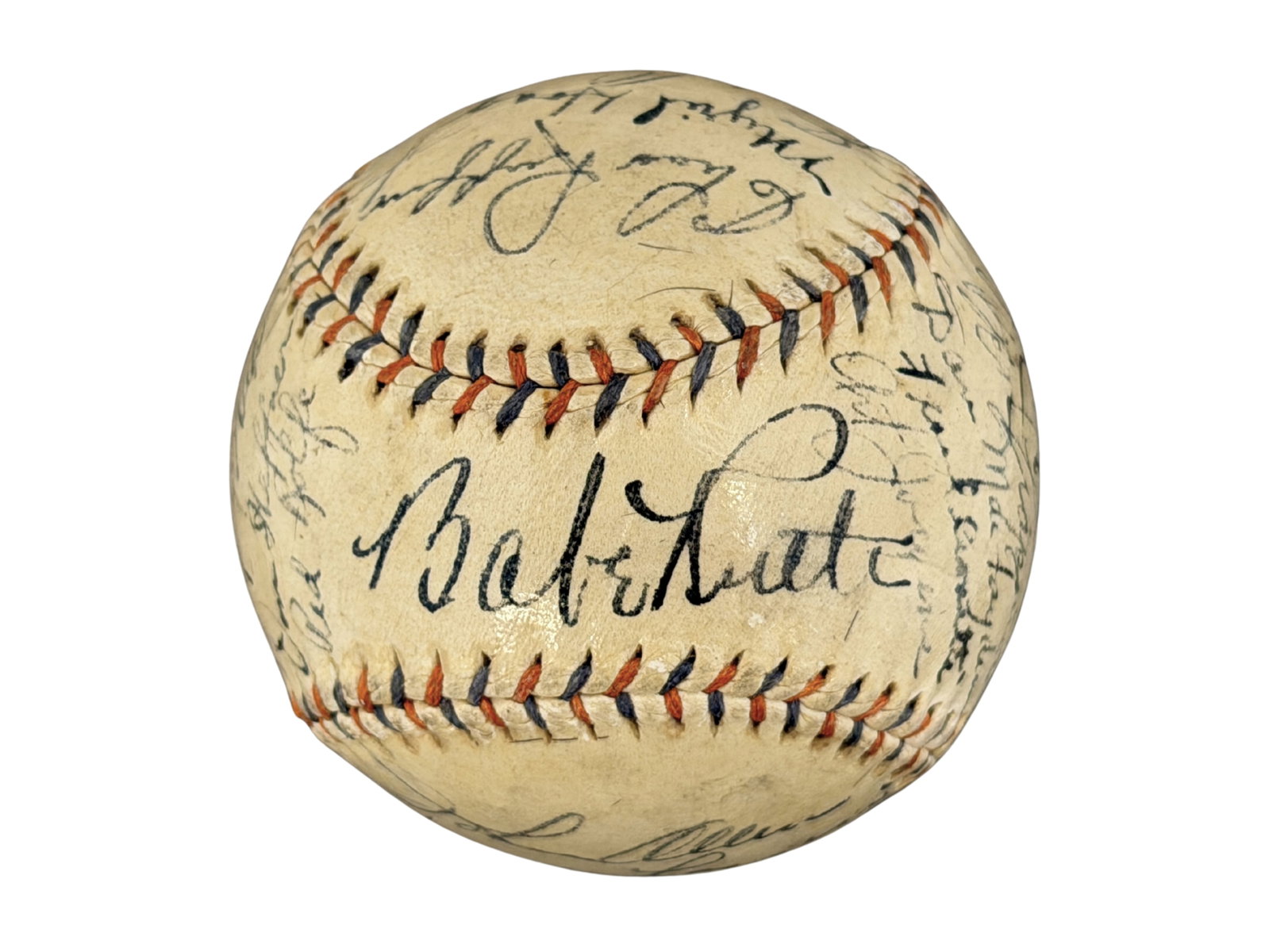 1934 NY Yankees Team Signed Baseball - JSA: Spalding Babe Ruth Home Run Special model baseball signed by members of the 1934 New York Yankees. The ball features 23 signatures across all panels in black steel-tip fountain pen, highlighted by Hal
