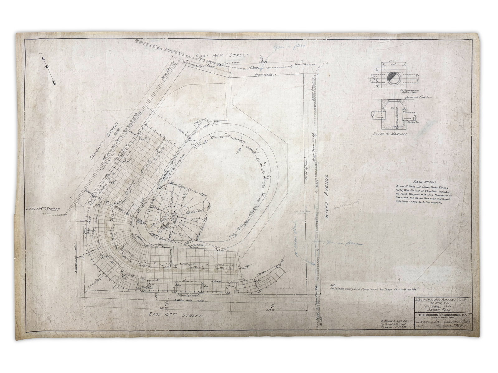 1921 Yankee Stadium Sewer Plan Engineering Drawing: Original ink on linen engineering drawing titled "Sewer Plan" for the American League Baseball Club of New York, depicting the sewer and drainage layout for the construction of Yankee Stadium. Dated D
