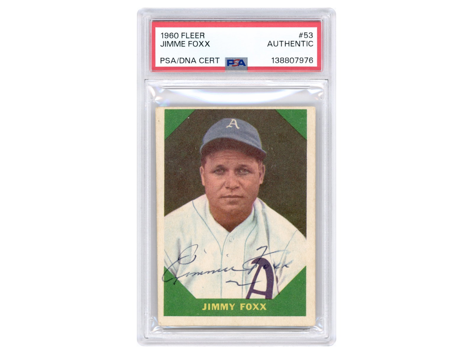 1960 Fleer Jimmie Foxx Signed Card - PSA/DNA: 1960 Fleer baseball card #53 Jimmie Foxx signed in blue ballpoint pen. Foxx was one of the most feared power hitters of the pre-war era, finishing his Hall of Fame career with 534 home runs and three 