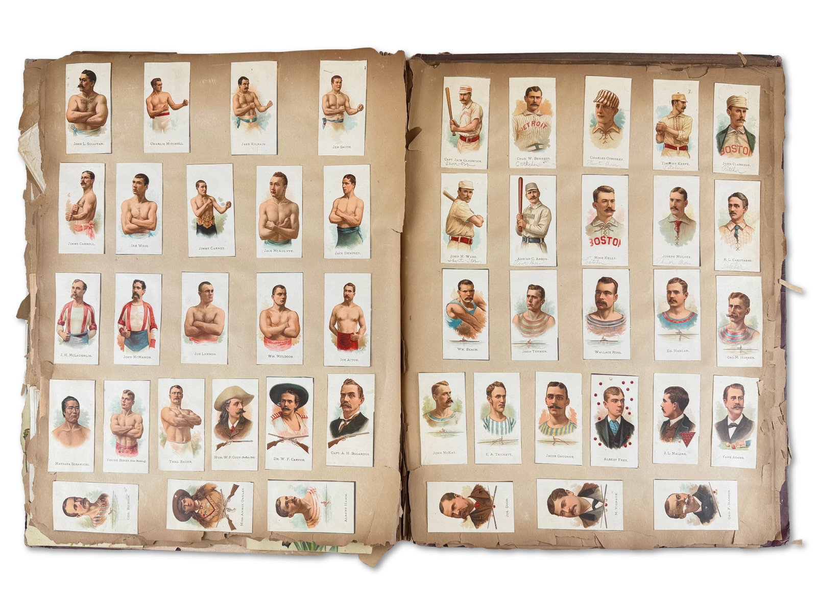 19th C. Scrapbook with Complete N28 Champions: Late 19th century scrapbook containing hundreds of advertising pieces, postcards, and cutouts, highlighted by two pages of cutouts derived from the famous 1888 Allen & Ginter "World's Champions" adver