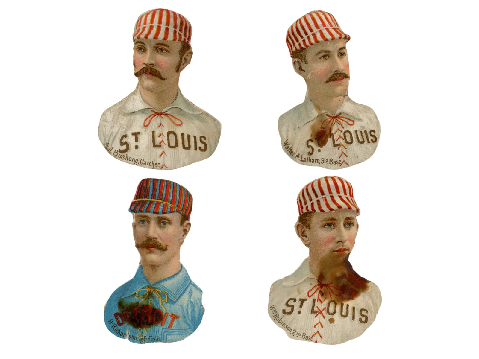 (4) 1888 Scrapps Tobacco, St. Louis & Detroit: Offered are (4) 1888 "Scrapps Tobacco" cards, featuring intricate diecut design and brilliant colors. Includes (3) cards from the St. Louis Browns including A.J. Bushong, Walter A. Latham, and Wm. Rob