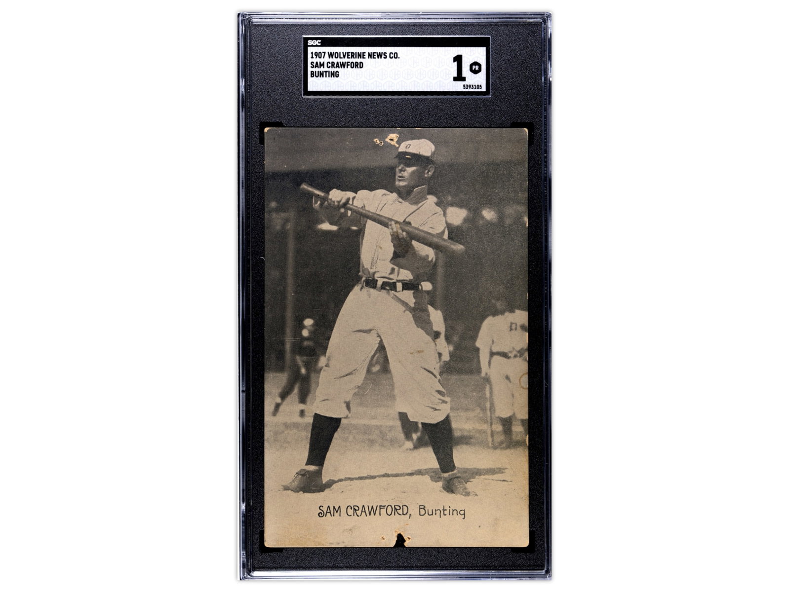 1907 Wolverine News Sam Crawford SGC 1: 1907 Wolverine News Company postcard of Hall of Famer Sam Crawford depicted bunting. Early Detroit Tigers era postcard from the Wolverine News baseball series. SGC #5393105 Fresh to the market from a 