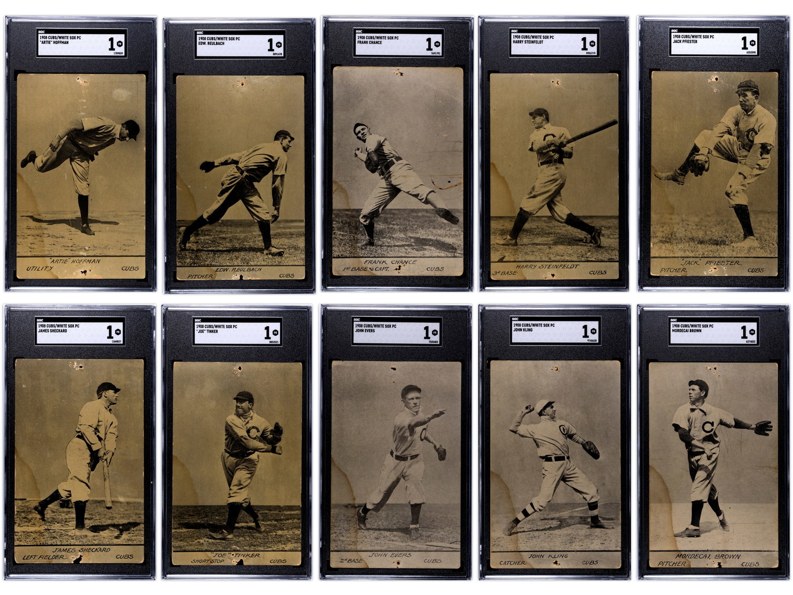 (10) 1908 Cubs/White Sox Postcards SGC 1: Rare set of ten 1908 Chicago Cubs and Chicago White Sox postcards, each graded and encapsulated by SGC 1. The issue is commonly attributed to the Suhling Company of Chicago because of the distinctive 