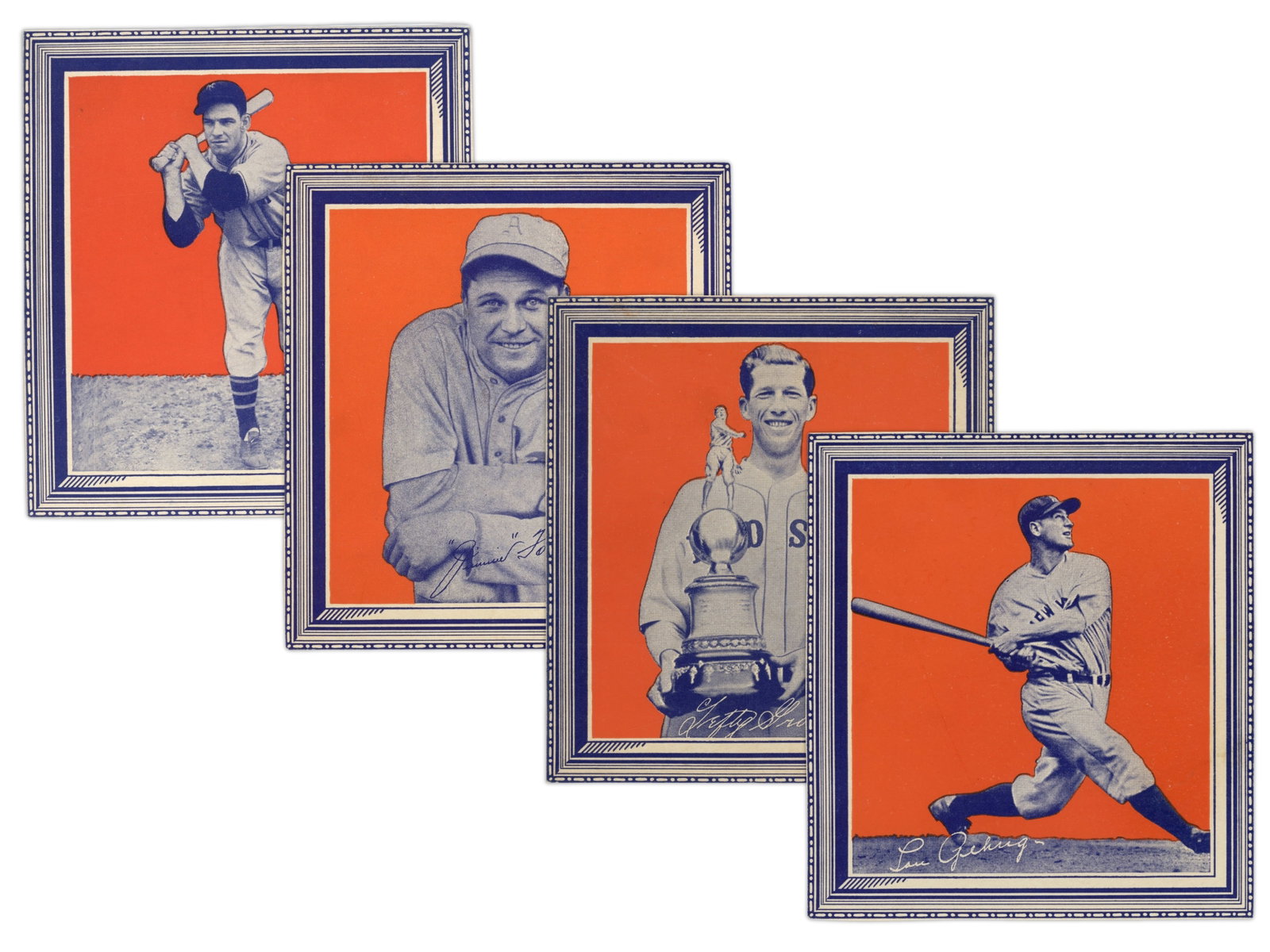 (9) 1935 Wheaties First Series Panels incl. Gehrig: Partial set of nine cards from the 1935 Wheaties First Series, issued as panels on the backs of Wheaties cereal boxes and intended to be cut out by collectors. All examples are hand cut panels and inc
