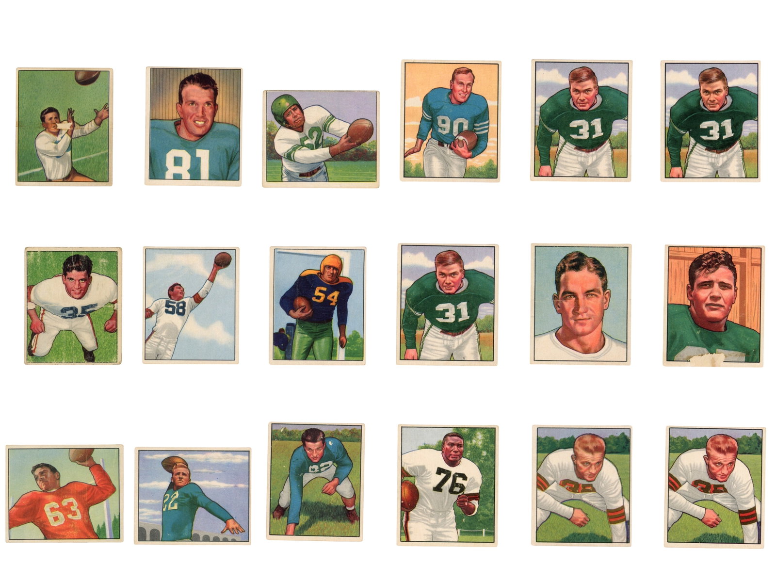 (39) 1950 Bowman Football Cards: Group of 39 cards from the 1950 Bowman Football set, including some duplicates. The 1950 Bowman issue is one of the earliest post-war football card sets and is recognized for its colorful artwork styl