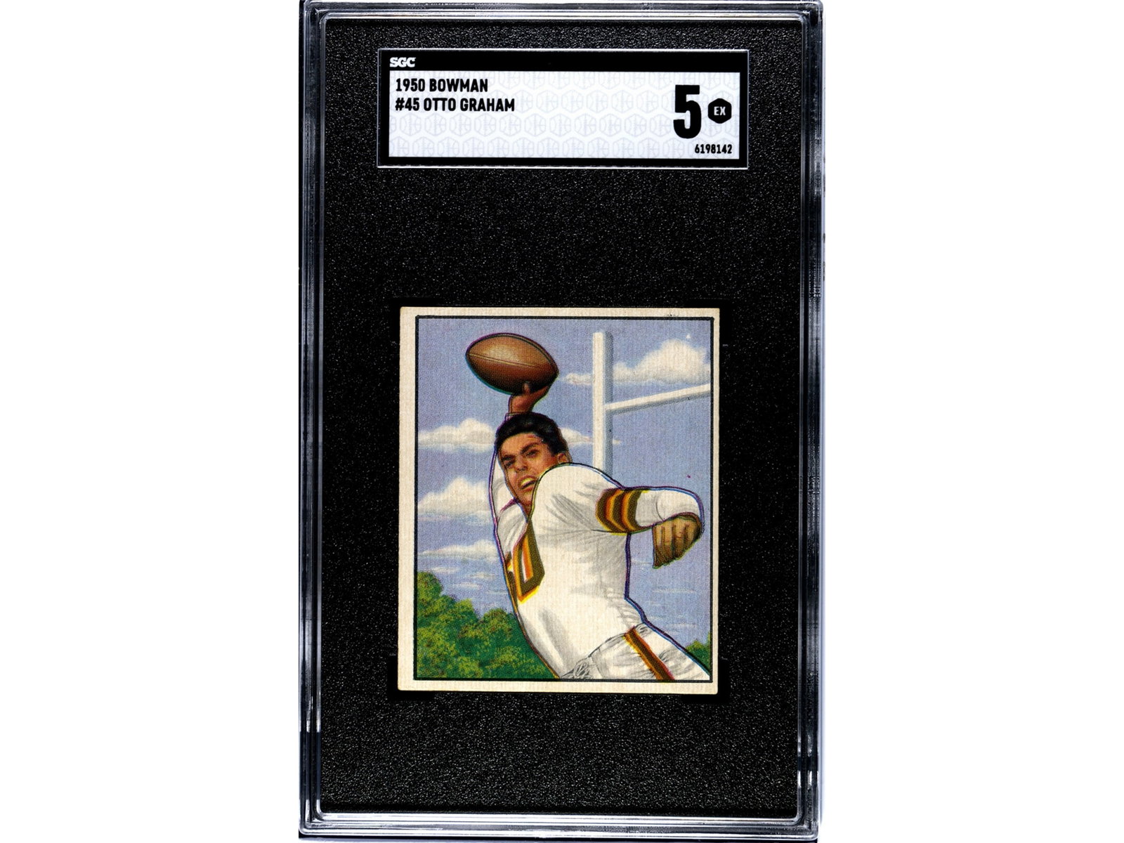 1950 Bowman #45 Otto Graham Rookie Card SGC 5: 1950 Bowman football card #45 of Otto Graham, graded SGC 5. This is Graham's rookie card, issued during the early years of the Cleveland Browns' dominance. One of the most accomplished quarterbacks in