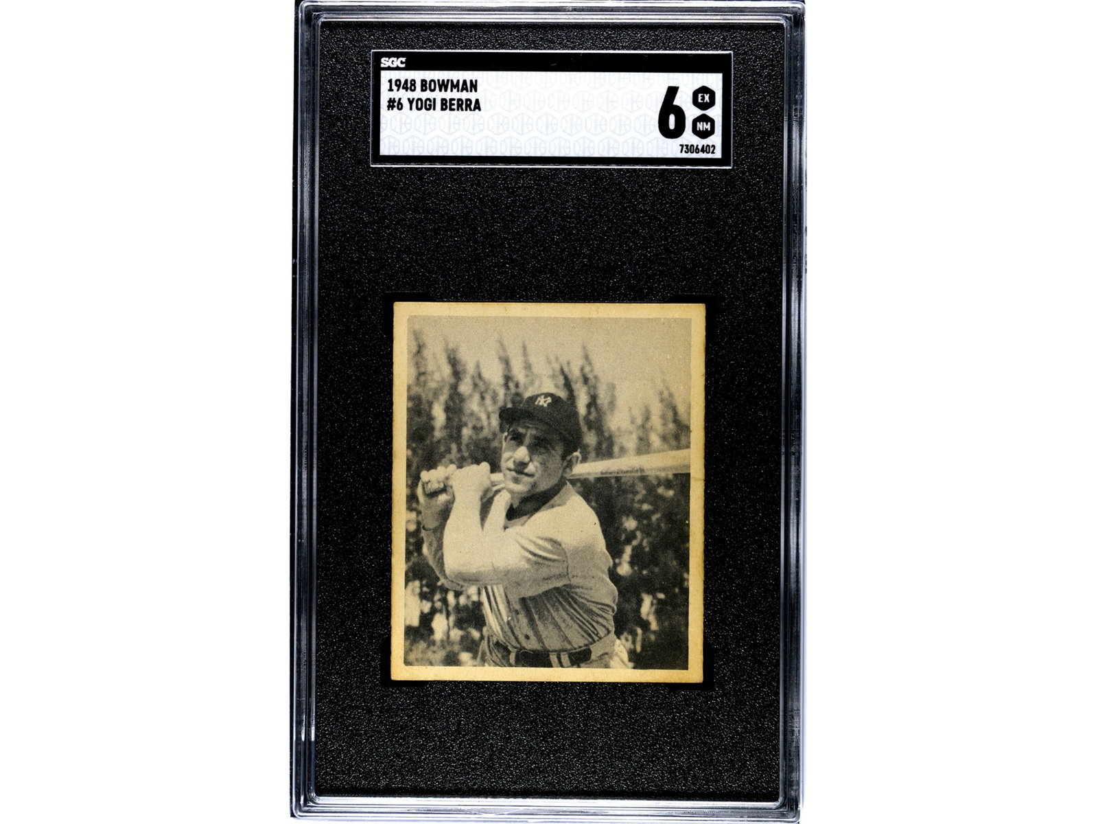 1948 Bowman #6 Yogi Berra RC SGC 6: 1948 Bowman baseball card #6 of Yogi Berra, graded SGC 6 (SGC #7306402). Rookie card of the New York Yankees Hall of Fame catcher and one of the key cards from the first Bowman baseball set. Berra was