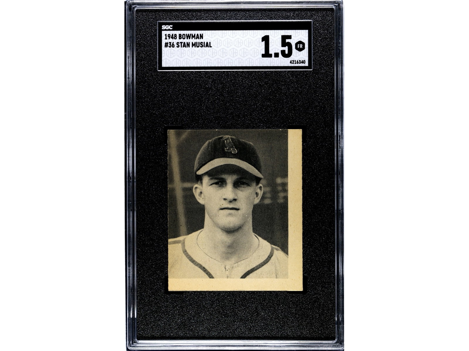 1948 Bowman #36 Stan Musial RC SGC 1.5: 1948 Bowman baseball card #36 of Stan Musial, graded SGC 1.5 (SGC #4216340). Rookie card of the St. Louis Cardinals legend and three-time National League Most Valuable Player. Musial was one of the mo