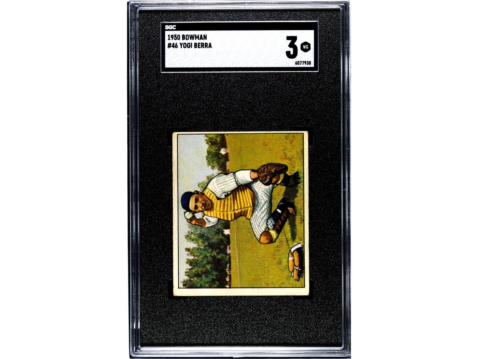 1950 Bowman #46 Yogi Berra SGC 3: 1950 Bowman baseball card #46 of Yogi Berra, graded SGC 3 (SGC #6077938). Early Bowman issue of the New York Yankees Hall of Fame catcher, one of the most accomplished players of his era. Berra was an