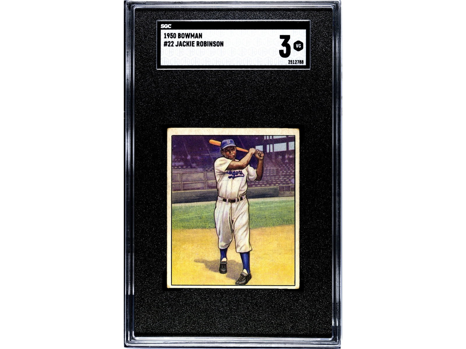 1950 Bowman #22 Jackie Robinson SGC 3: 1950 Bowman baseball card #22 of Jackie Robinson, graded SGC 3 (SGC #2512788). Early Bowman issue of the Brooklyn Dodgers Hall of Famer who broke Major League Baseball's color barrier in 1947 and beca