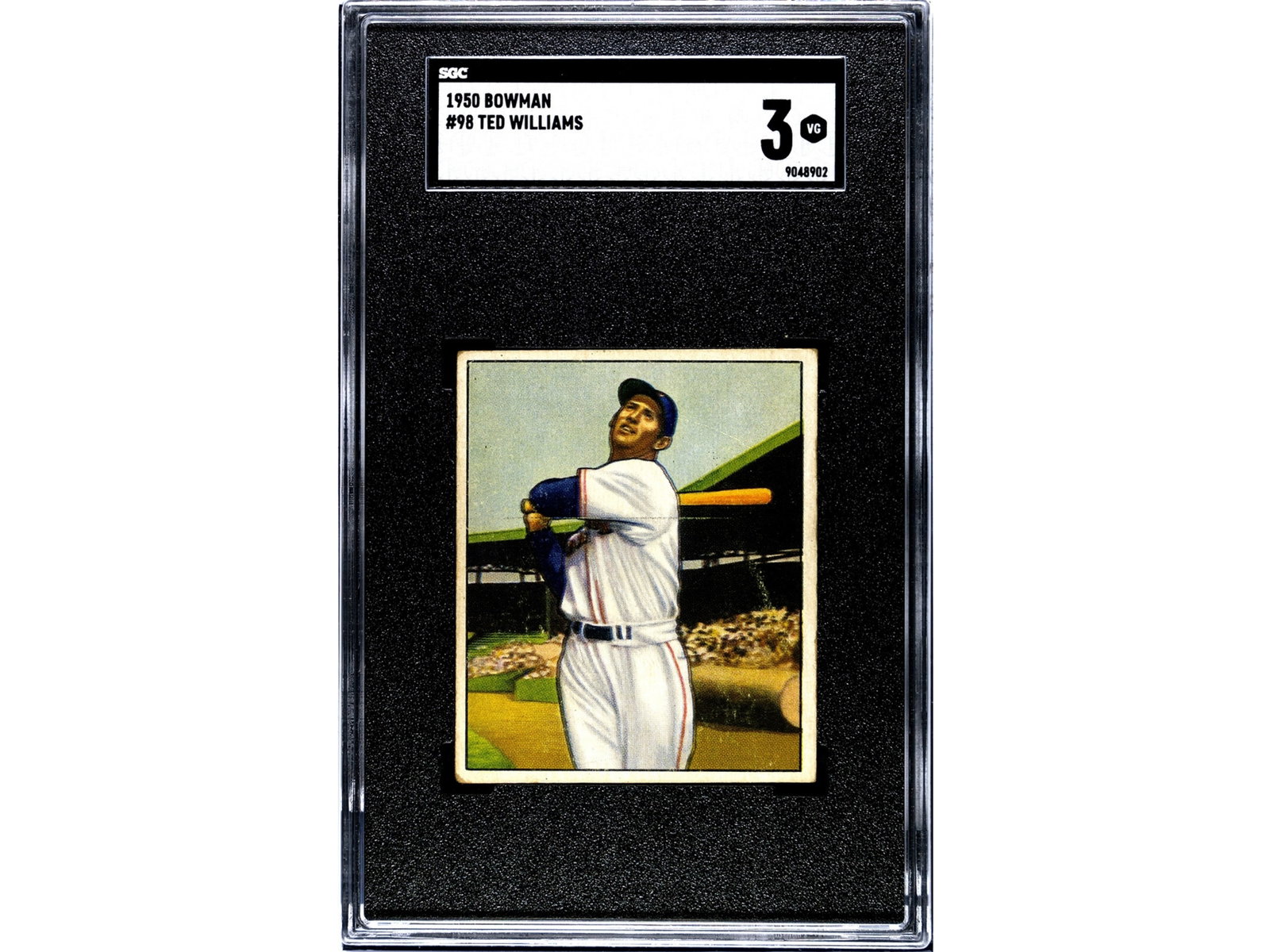 1950 Bowman #98 Ted Williams SGC 3: 1950 Bowman baseball card #98 of Ted Williams, graded SGC 3 (SGC #9048902). Classic Bowman issue of the Boston Red Sox Hall of Fame slugger, widely regarded as one of the greatest hitters in baseball 
