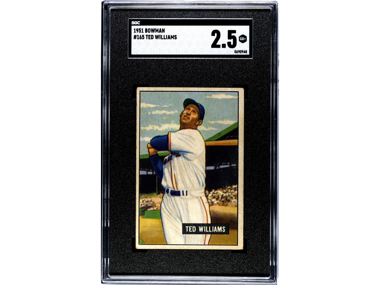 1951 Bowman #165 Ted Williams SGC 2.5: 1951 Bowman baseball card #165 of Ted Williams, graded SGC 2.5 (SGC #690948). Mid-career Bowman issue of the legendary Boston Red Sox slugger. Shipping: Weiss Auctions offers full-service, in-house sh