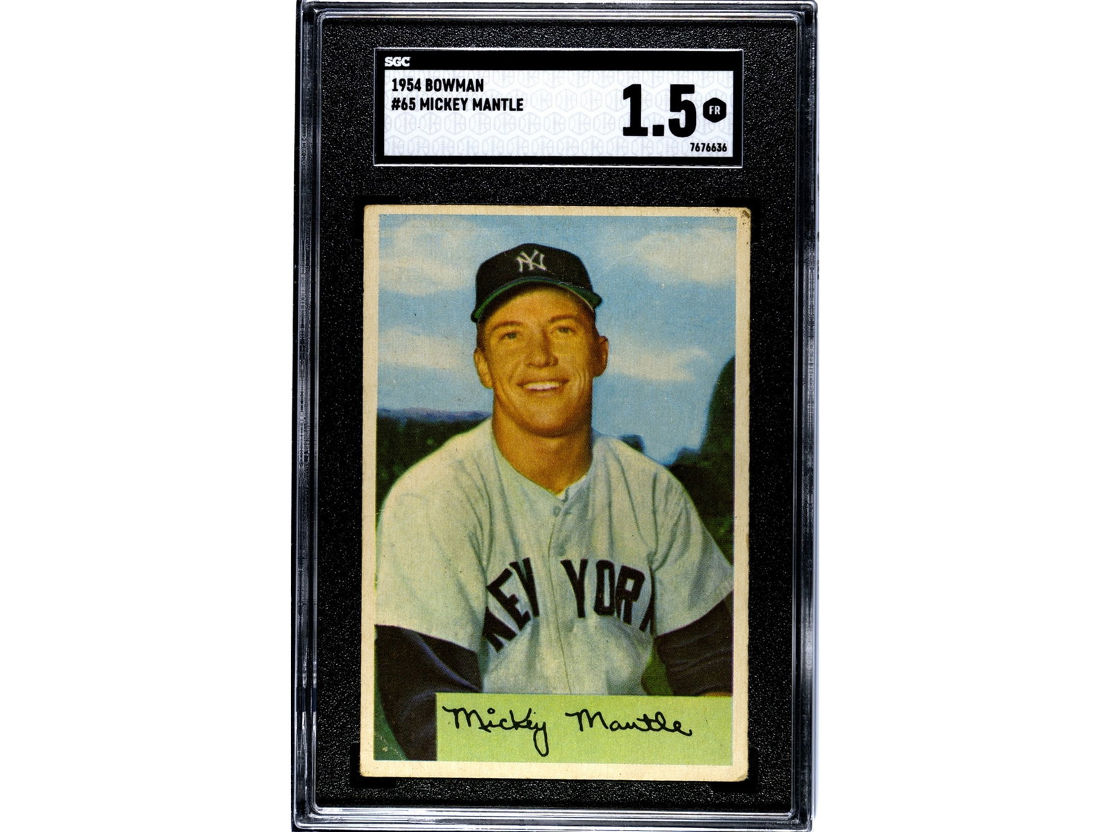 1954 Bowman #65 Mickey Mantle SGC 1.5: 1954 Bowman baseball card #65 Mickey Mantle, graded SGC 1.5. Classic early Mantle card issued during his prime years with the New York Yankees. SGC #7676636 Shipping: Weiss Auctions offers full-servic