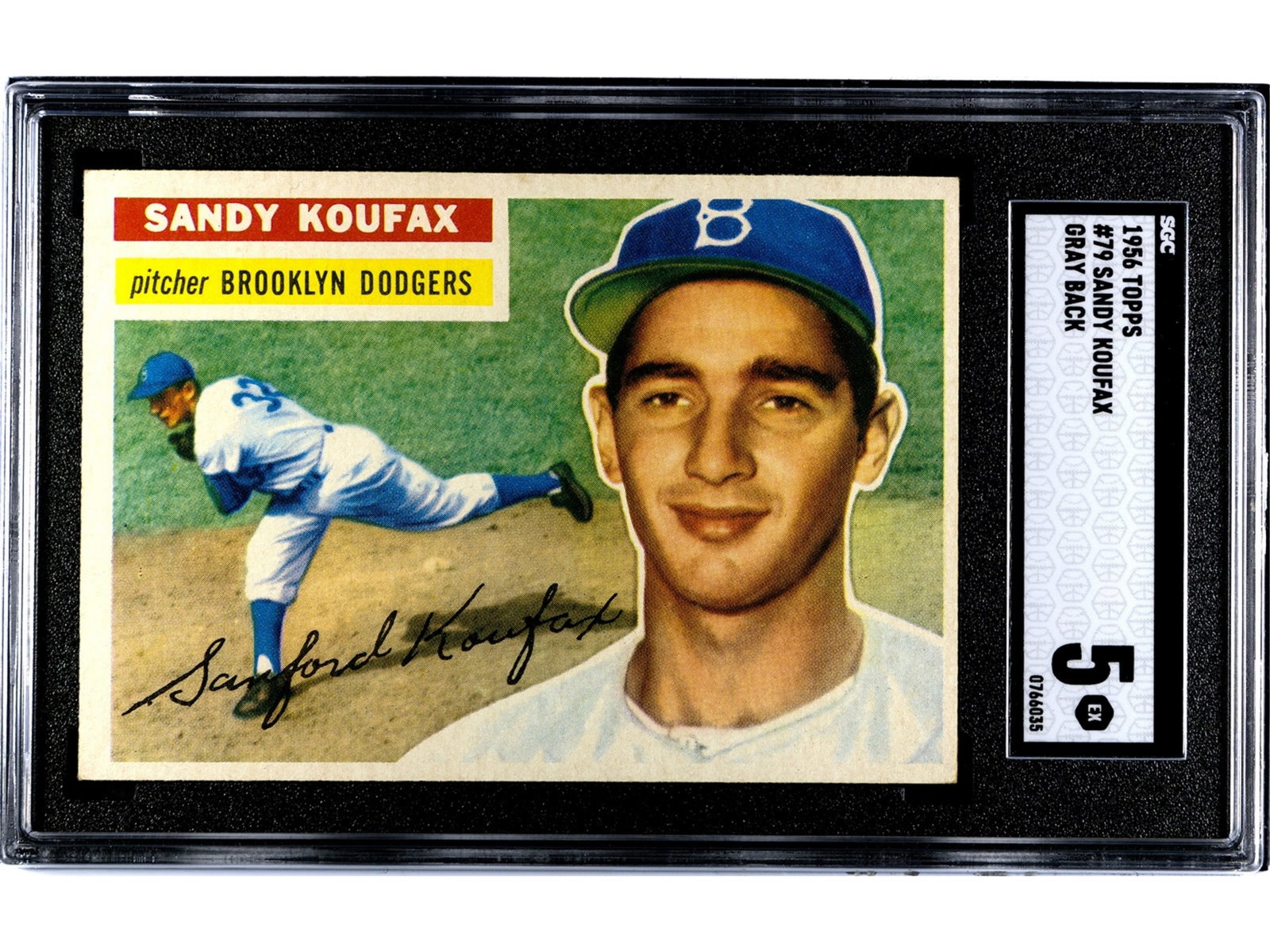 1956 Topps #79 Sandy Koufax Gray Back SGC 5: 1956 Topps baseball card #79 Sandy Koufax Gray Back variation, graded SGC 5. Early Topps issue of the Hall of Fame pitcher. SGC #766035 Shipping: Weiss Auctions offers full-service, in-house shipping 