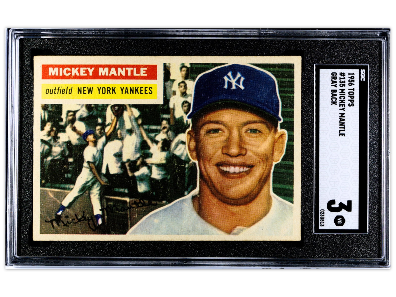 1956 Topps #135 Mickey Mantle Gray Back SGC 3: 1956 Topps baseball card #135 Mickey Mantle Gray Back variation, graded SGC 3. One of Mantle's most iconic cards from the classic 1956 Topps set. SGC #233513 Shipping: Weiss Auctions offers full-servi