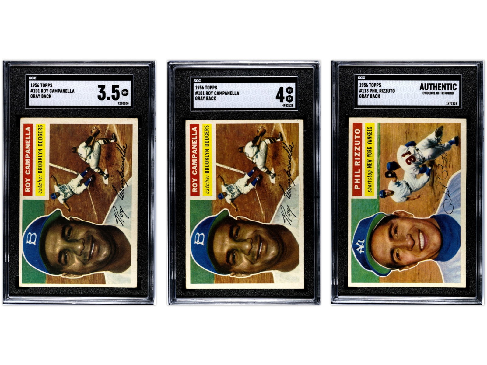(3) 1956 Topps Phil Rizzuto/Roy Campanella SGC: Three 1956 Topps baseball cards, all Gray Back variations and graded by SGC. Includes #113 Phil Rizzuto graded SGC Authentic (SGC #1477329), and two examples of #101 Roy Campanella graded SGC 4 (SGC #