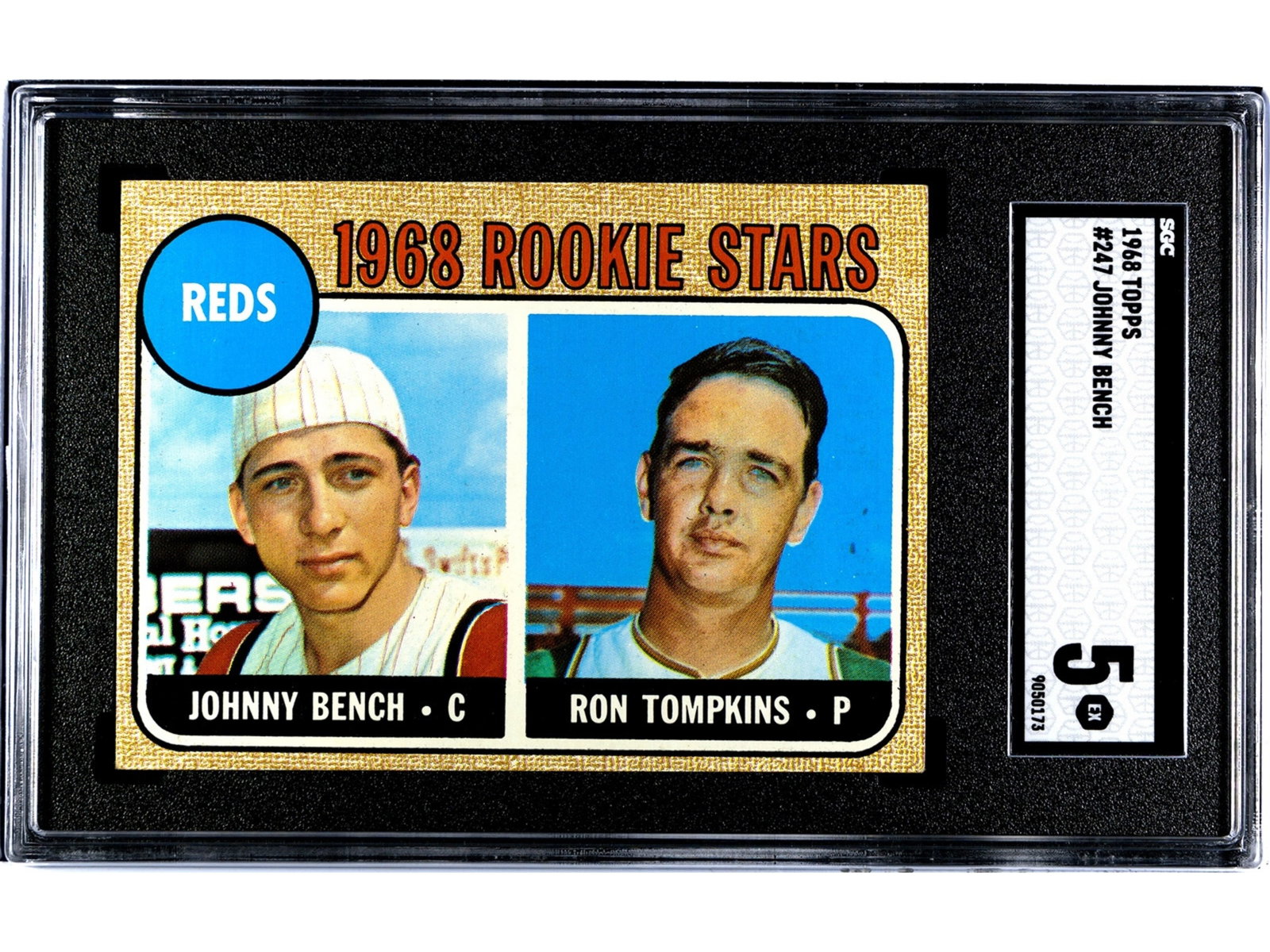 1968 Topps #247 Johnny Bench RC SGC 5: 1968 Topps baseball card #247 of Johnny Bench, graded SGC 5 (SGC #9050173). Rookie card of the Cincinnati Reds Hall of Fame catcher and one of the most important cards from the 1968 Topps set. Bench w