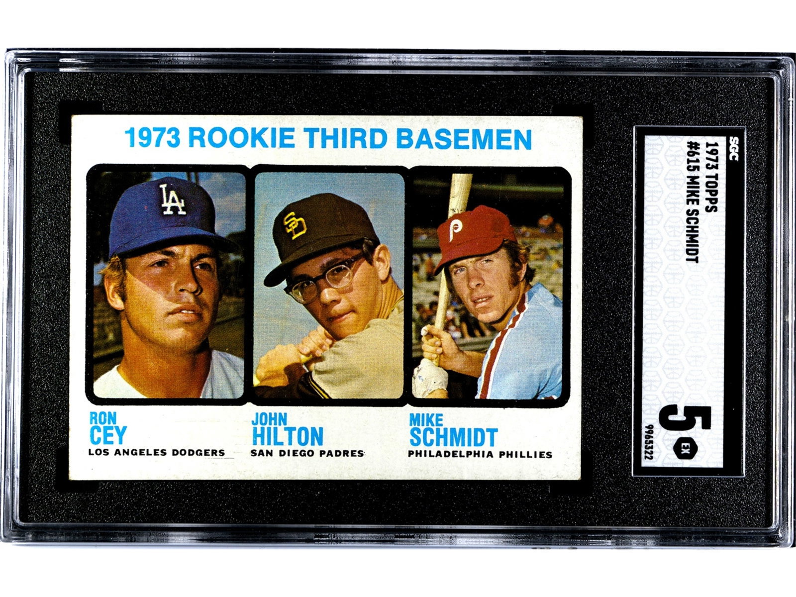 1973 Topps #615 Mike Schmidt RC SGC 5: 1973 Topps baseball card #615 of Mike Schmidt, graded SGC 5 (SGC #9965322). Rookie card of the Philadelphia Phillies Hall of Fame third baseman and one of the key cards of the 1973 Topps set. Schmidt 