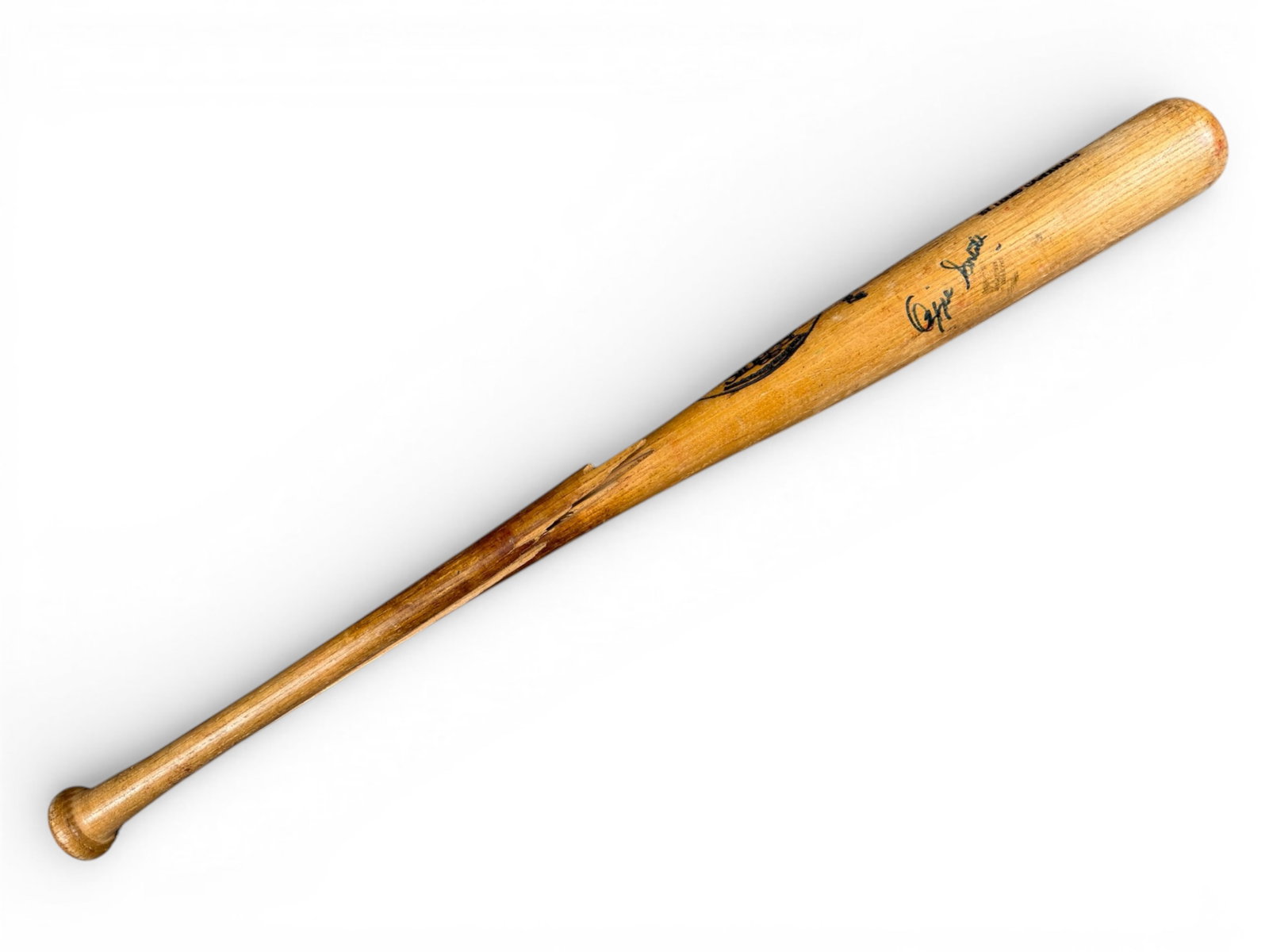 Ozzie Smith Game Used Signed Cardinals Bat: Louisville Slugger C235 bat game used by Ozzie Smith of the St. Louis Cardinals. Bat broken during game use. Knob and end marked 1. Signed in blue marker. Smith won 13 Gold Gloves and was a 15-time Al