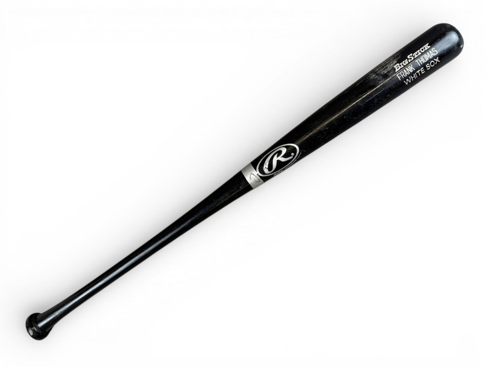 Frank Thomas Game Used Signed White Sox Bat: Rawlings Adirondack Big Stick bat game used by Frank Thomas and signed in black marker with number 32. Knob marked 32 and stamped 576B 793. Thomas was a 2-time AL MVP who finished with 521 home runs a