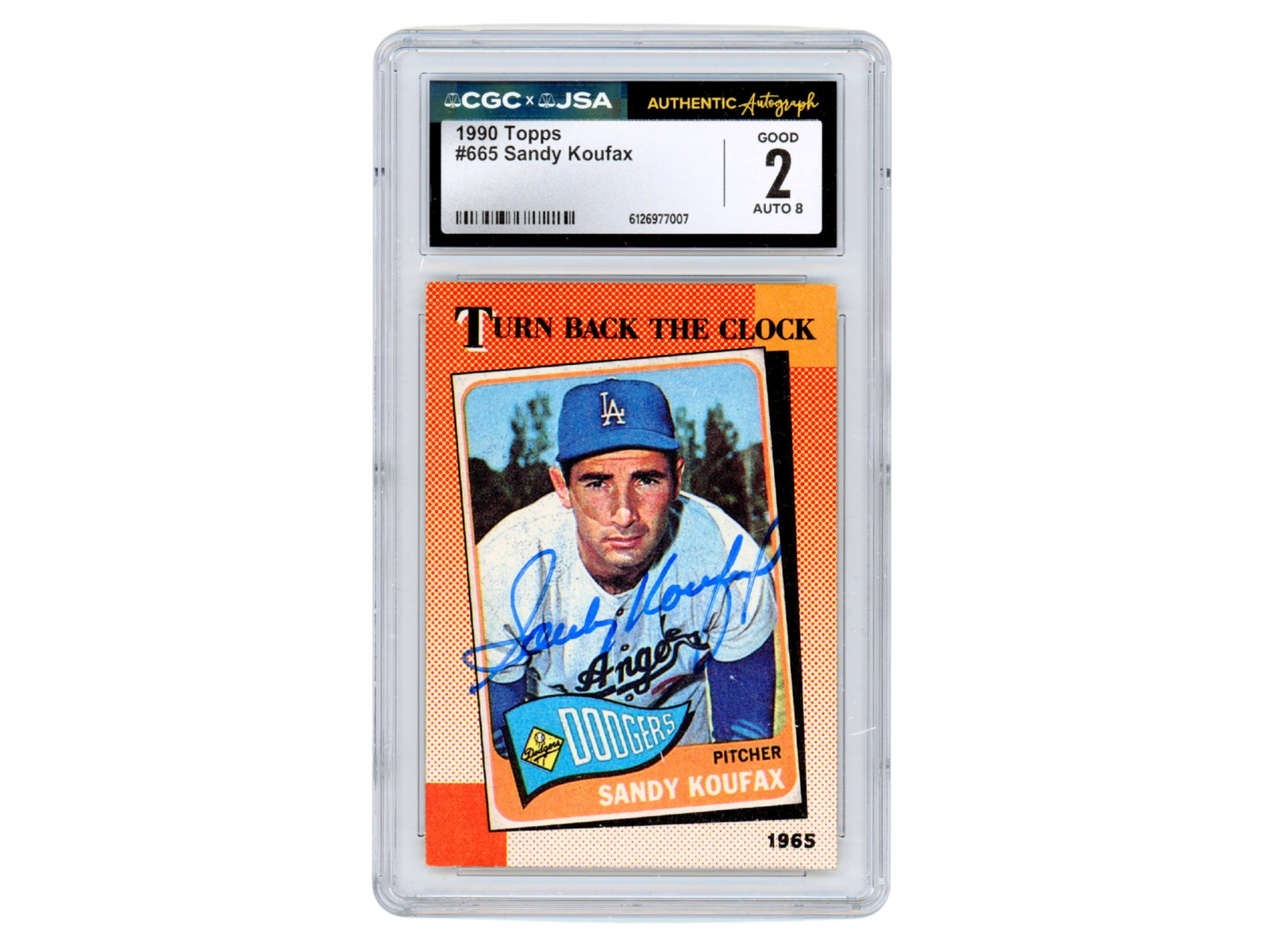 Sandy Koufax Signed 1990 Topps #665 - CGC: 1990 Topps #665 Sandy Koufax card signed on the front by Sandy Koufax. Koufax was one of the most dominant pitchers in baseball history, winning three Cy Young Awards and the National League Most Valu