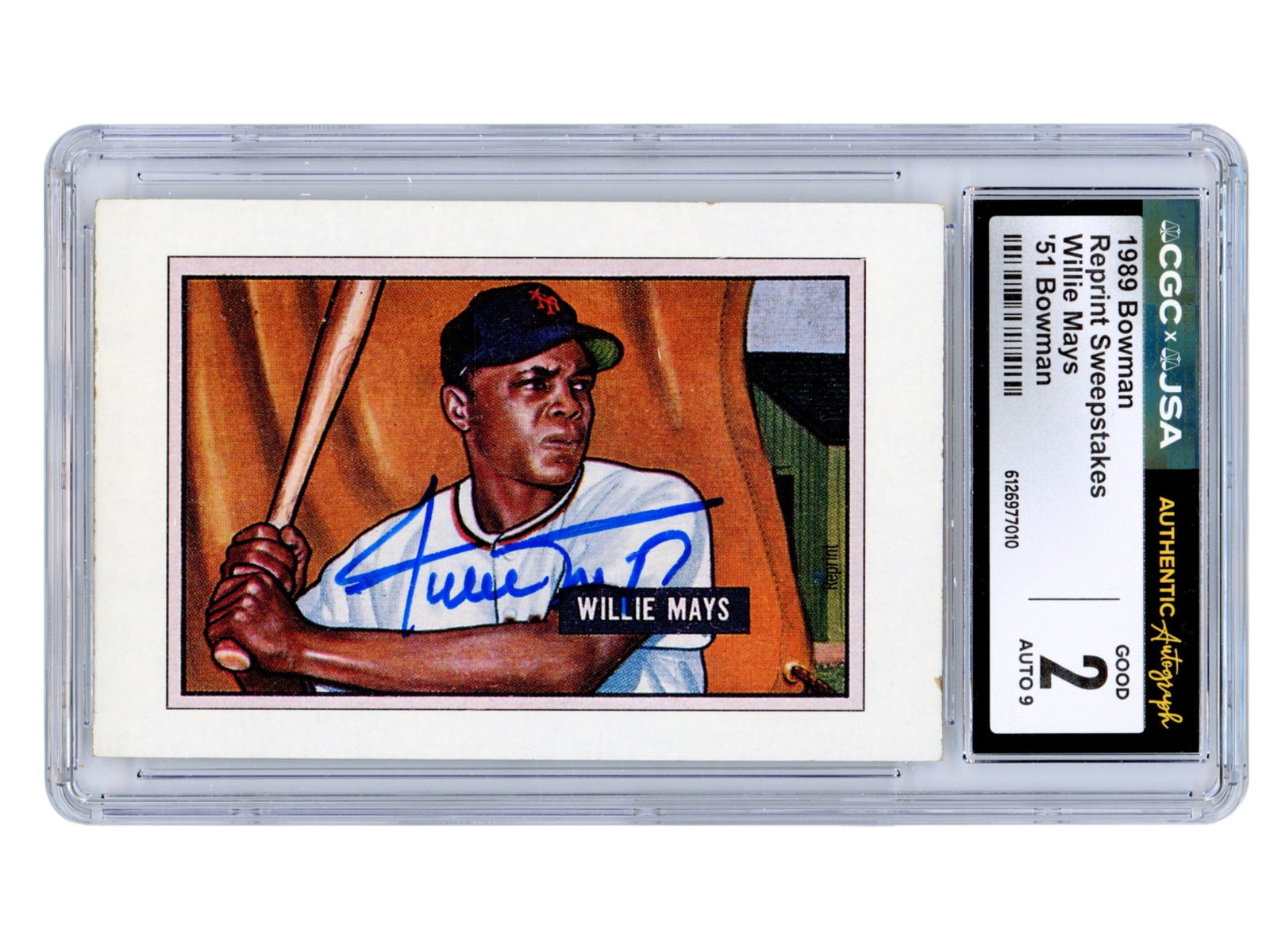 Willie Mays Signed '51 Bowman Reprint - CGC: 1989 Bowman Reprint Sweepstakes card featuring the classic 1951 Bowman Willie Mays design, one of the earliest cards of the Hall of Fame center fielder. Signed on the front by Willie Mays. Mays was a 