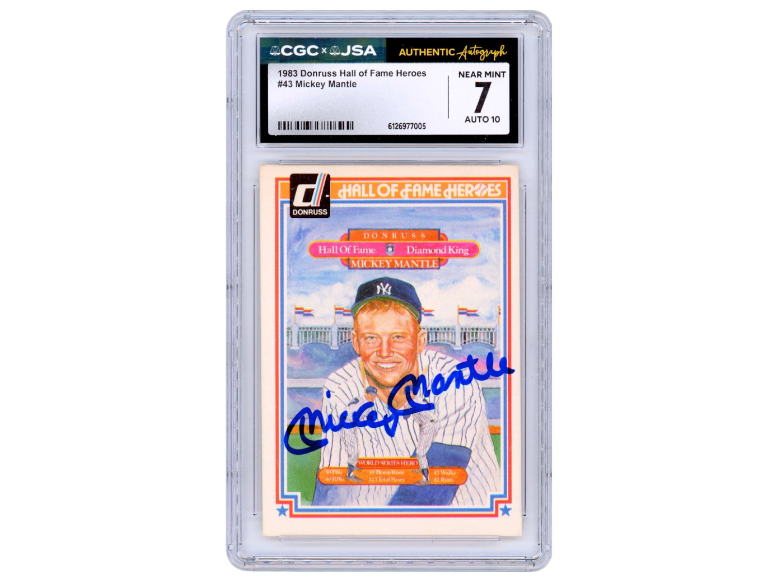Mickey Mantle Signed 1983 Donruss HOF #43 - CGC: 1983 Donruss Hall of Fame Heroes #43 Mickey Mantle card from the Diamond Kings-style subset within the commemorative series honoring baseball legends. Signed on the front by Mickey Mantle. Mantle was 