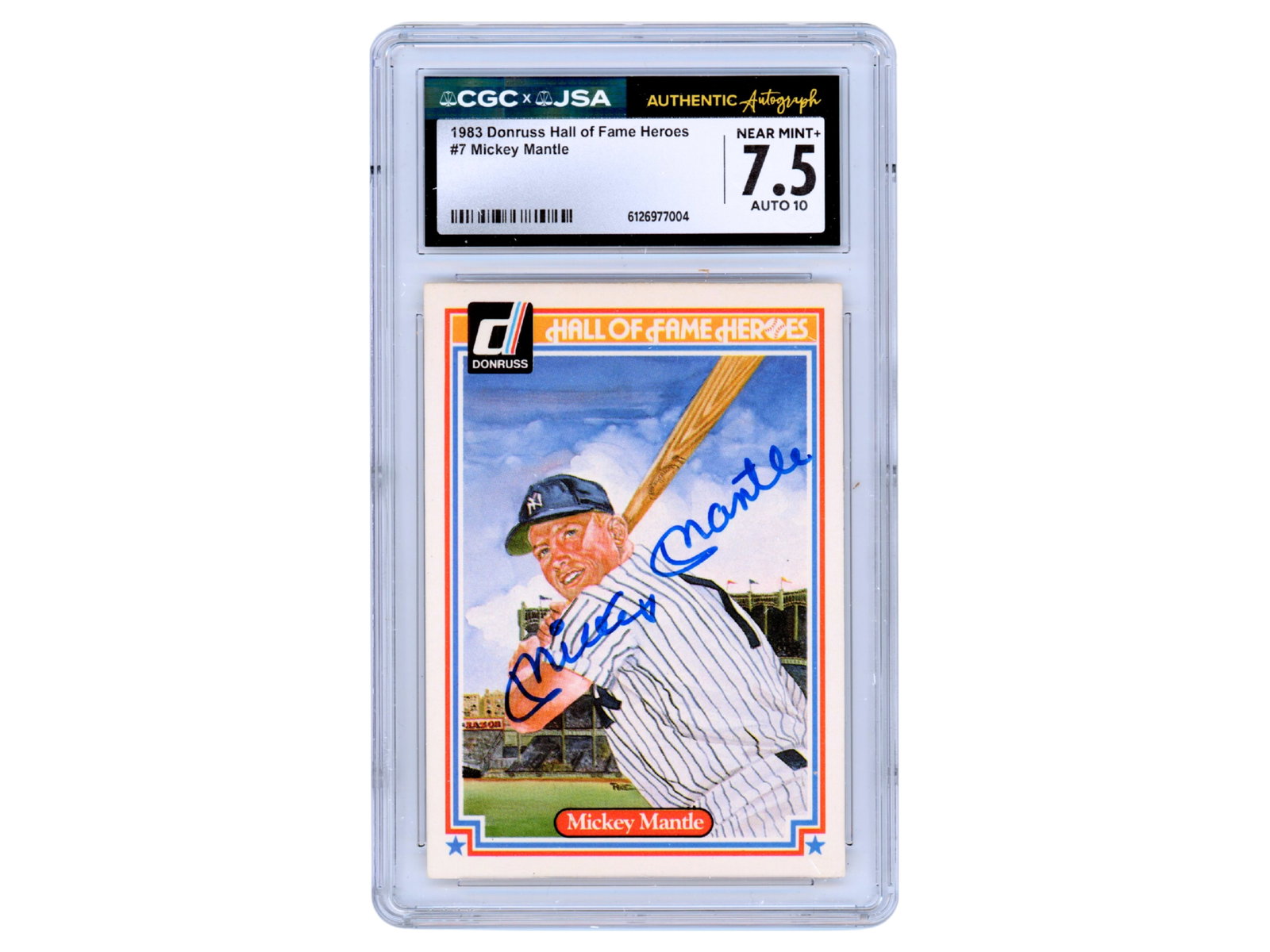 Mickey Mantle Signed 1983 Donruss HOF - CGC: 1983 Donruss Hall of Fame Heroes #7 Mickey Mantle card, part of the popular commemorative series honoring baseball legends. Signed on the front by Mickey Mantle. Mantle was a three-time American Leagu