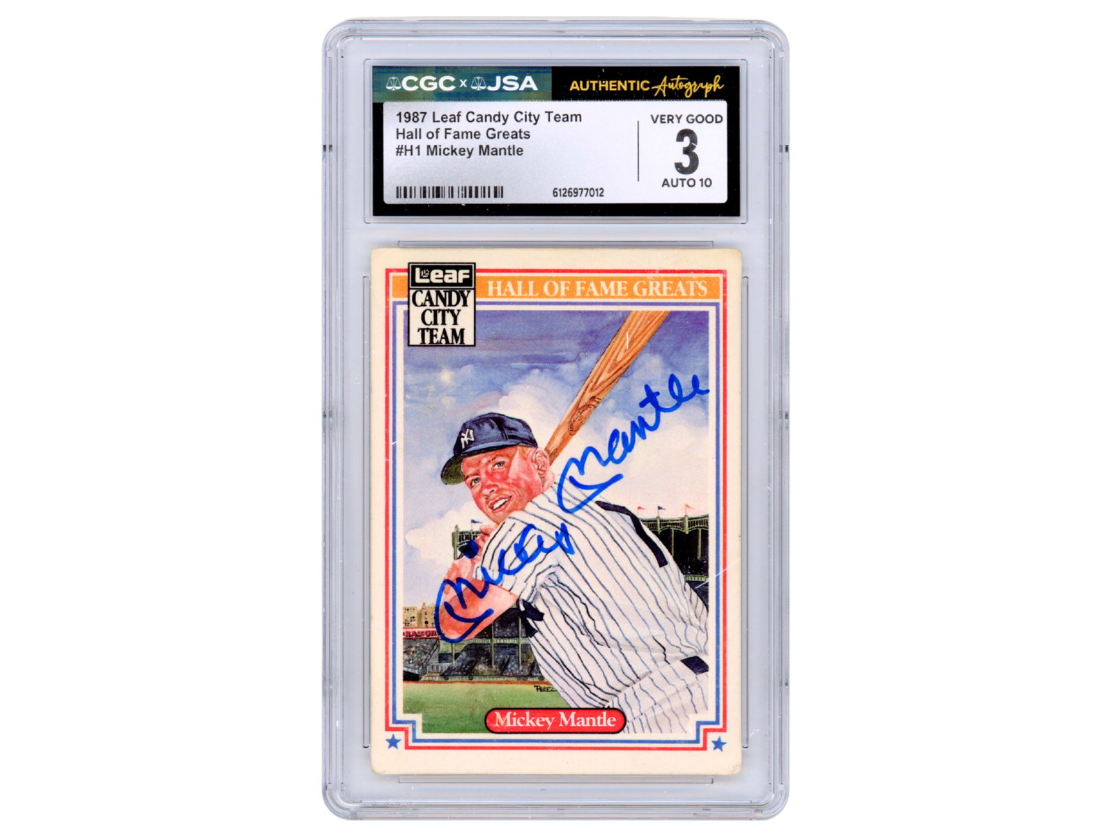 Mickey Mantle Signed 1987 Leaf HOF Greats - CGC: 1987 Leaf Candy City Team Hall of Fame Greats #H1 Mickey Mantle card. Signed on the front by Mickey Mantle. Mantle was a three-time American League Most Valuable Player, a 20-time All-Star, and one of