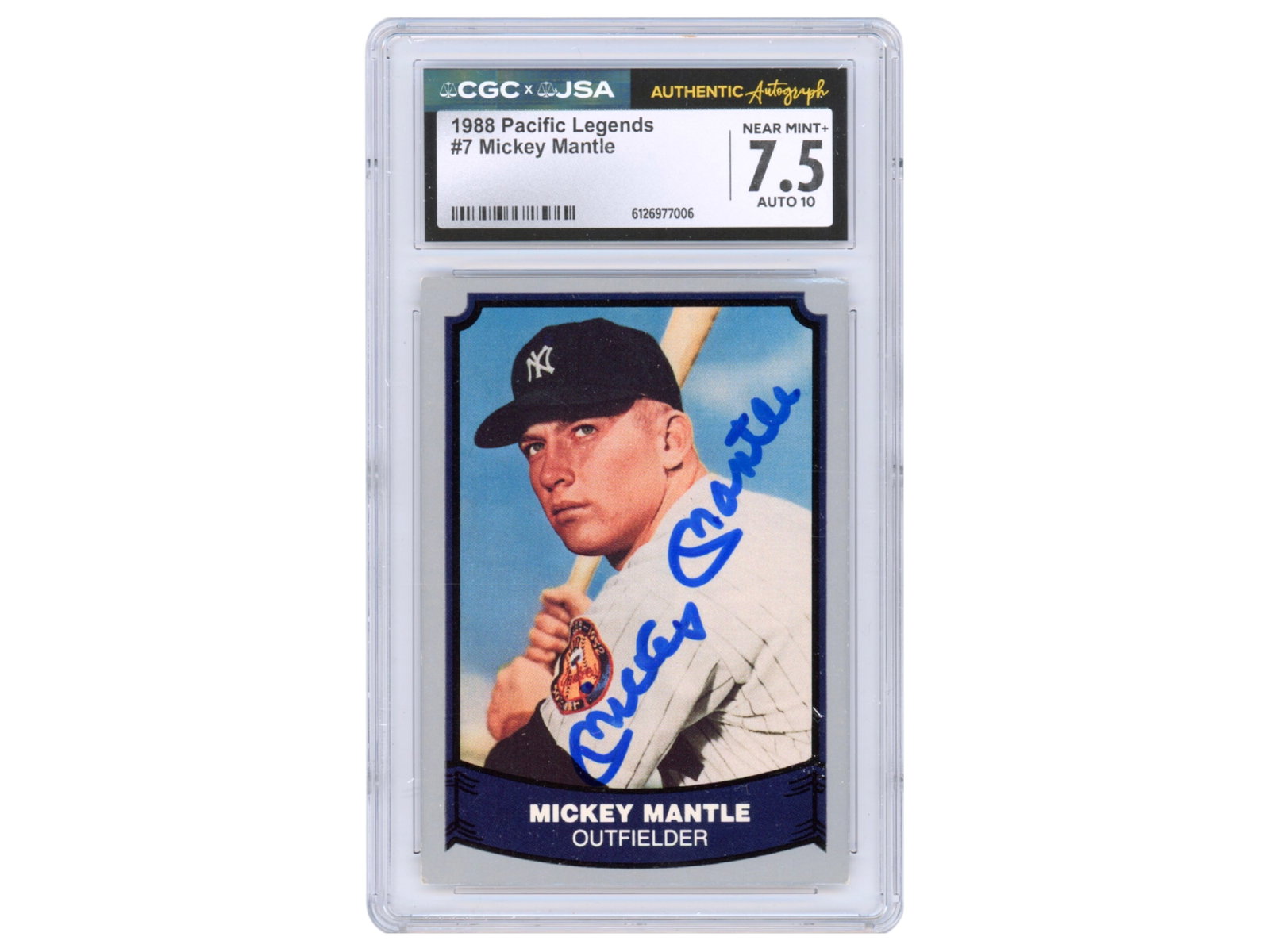 Mickey Mantle Signed 1988 Pacific Legends - CGC: 1988 Pacific Legends #7 Mickey Mantle card from the late-1980s series honoring historic baseball figures. Signed on the front by Mickey Mantle. Mantle remains one of the most iconic figures in Yankees
