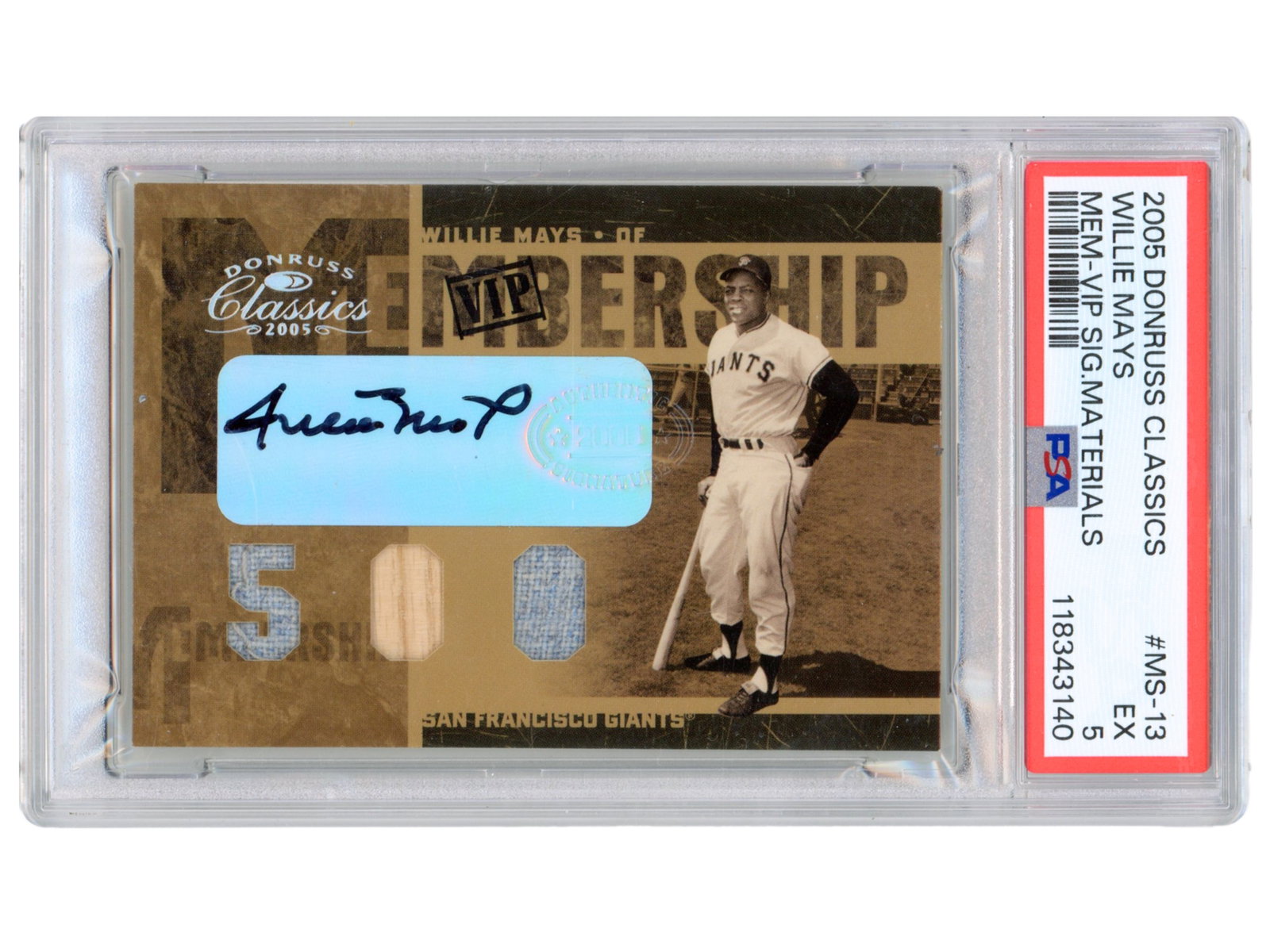 2005 Donruss Classics Willie Mays Auto Relic PSA 5: 2005 Donruss Classics Membership #MS-13 Willie Mays autographed memorabilia card, graded EX 5 by PSA (Cert. 118343140). Signed by Mays in black ink on the autograph panel with memorabilia swatches inc