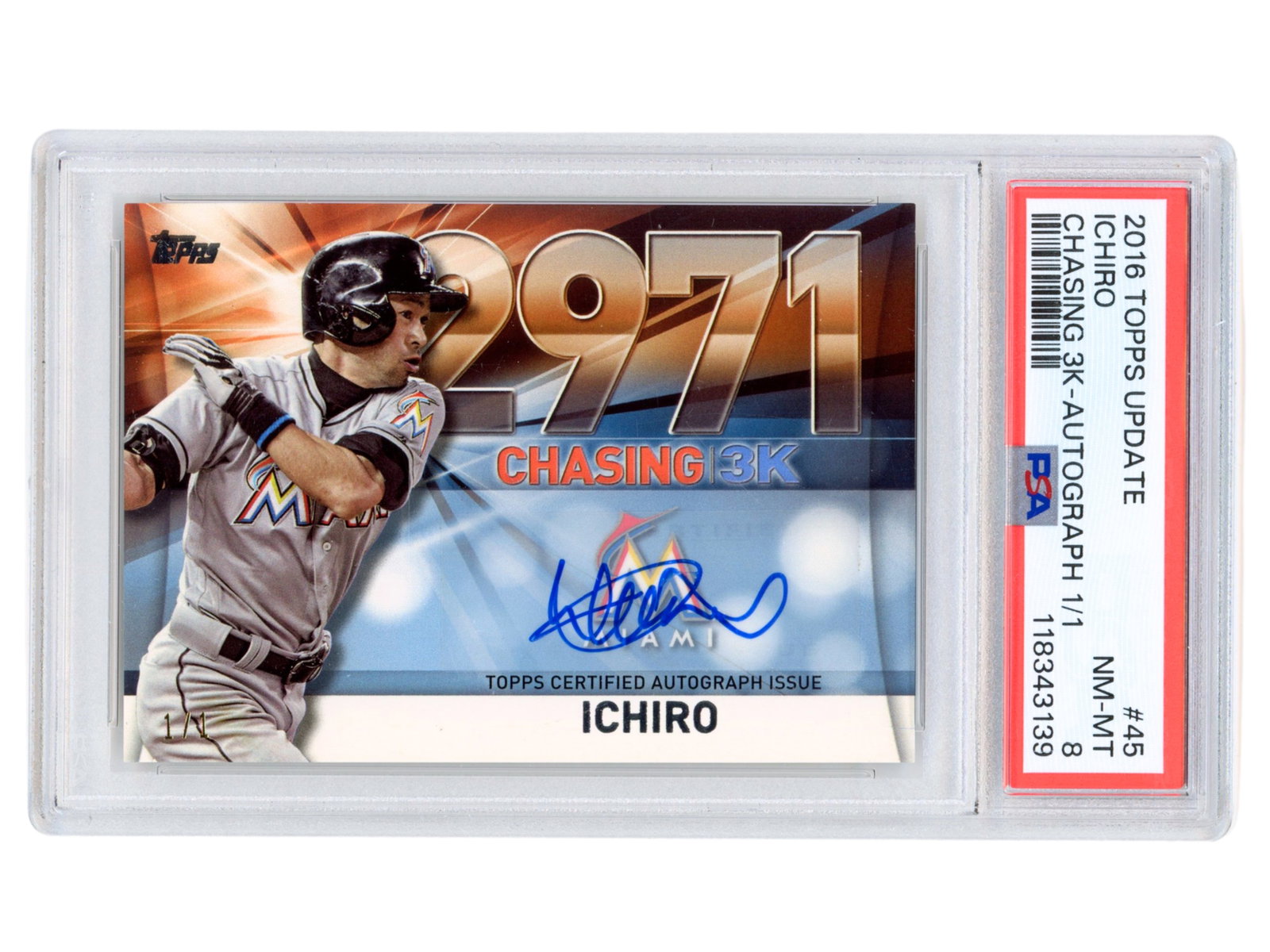 2016 Topps Update Ichiro Chasing 3K Auto 1/1 PSA 8: 2016 Topps Update Chasing 3K Autograph #45 Ichiro Suzuki signed card, graded NM-MT 8 by PSA (Cert. 118343139). Extremely desirable 1/1 issue commemorating Ichiro's historic pursuit of 3,000 career hit