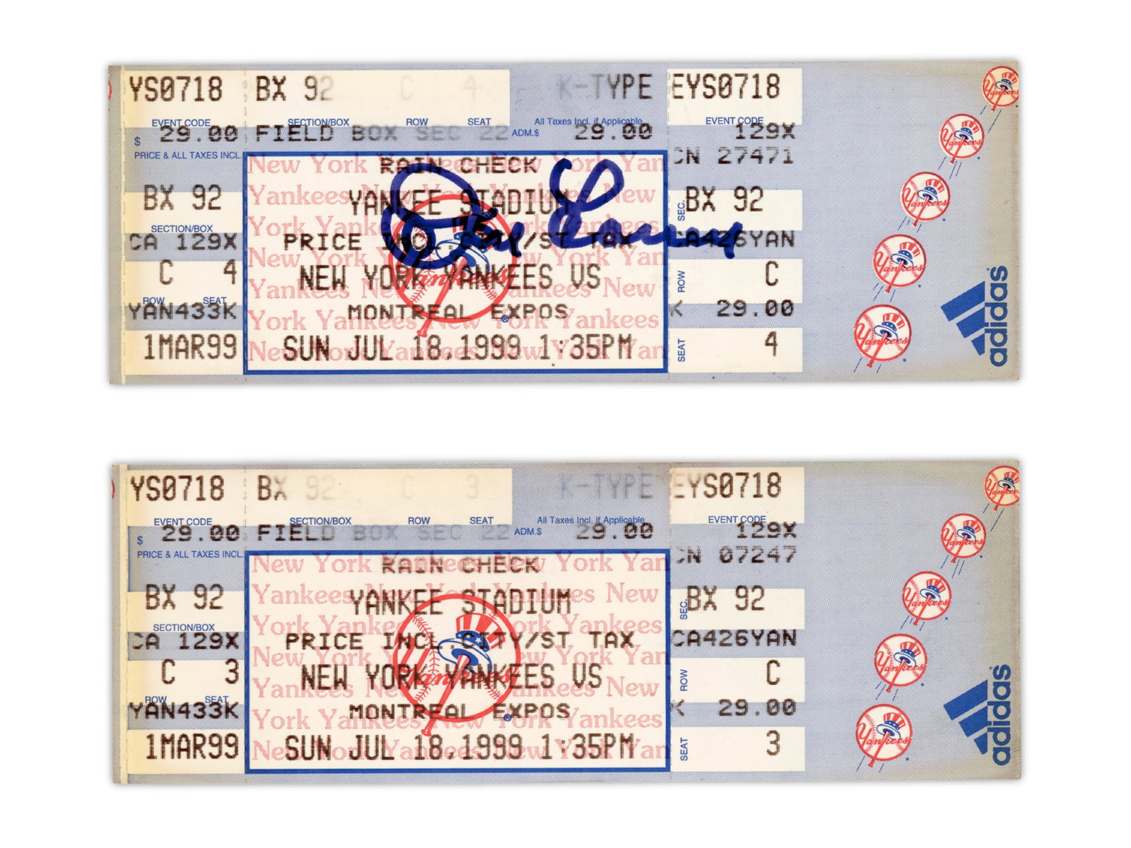 1999 Cone Perfect Game Tickets (2) with Larsen Auto: Pair of tickets from the July 18, 1999 New York Yankees vs. Montreal Expos game at Yankee Stadium where David Cone pitched a perfect game. Cone became the 16th pitcher in Major League history to achie