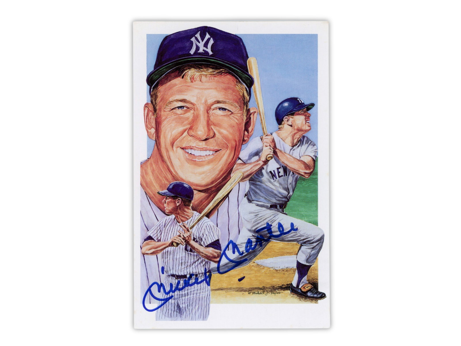 Mickey Mantle Signed Postcard - JSA: Legends Sports Memorabilia postcard depicting Mickey Mantle with bat, signed on the image. Mantle captured the 1956 American League Triple Crown and remains one of the most celebrated sluggers in Yank