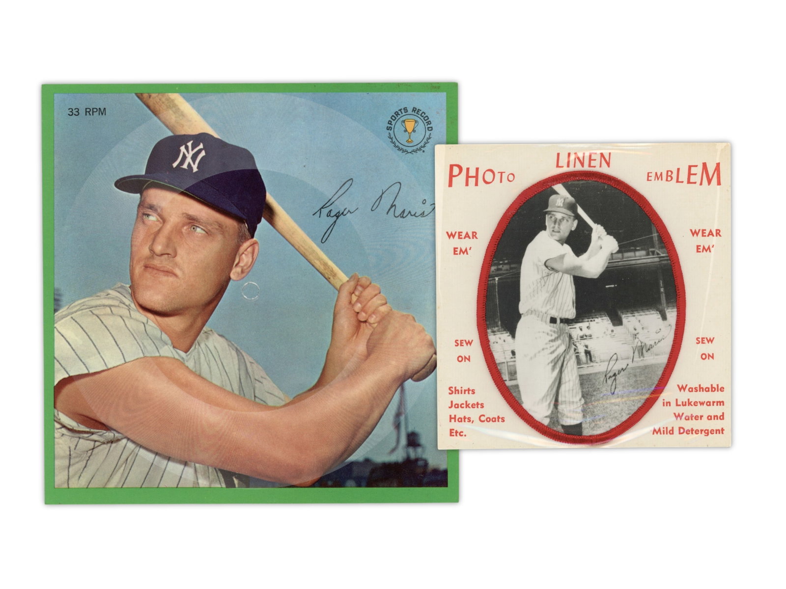 (2) 1964 Roger Maris Yankees Premium Items: Lot of two Roger Maris collectibles including a 1964 Photo-Linen Emblem Patch of Roger Maris with the New York Yankees, still sealed in its original plastic packaging, along with a 1964 Roger Maris Au