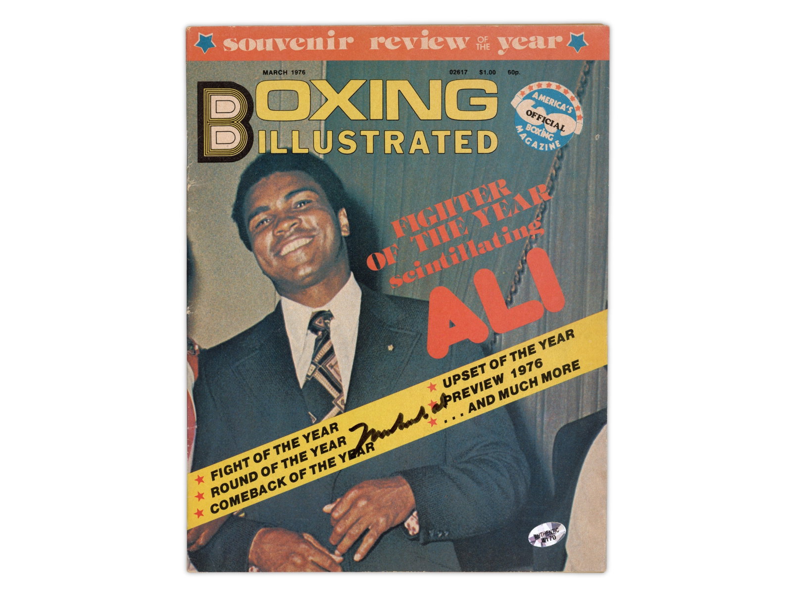 Muhammad Ali Signed Boxing Illustrated Magazine: March 1976 issue of Boxing Illustrated magazine featuring Muhammad Ali on the cover, signed by Ali in black marker across the yellow band on the front. Ali, the three-time World Heavyweight Champion, 