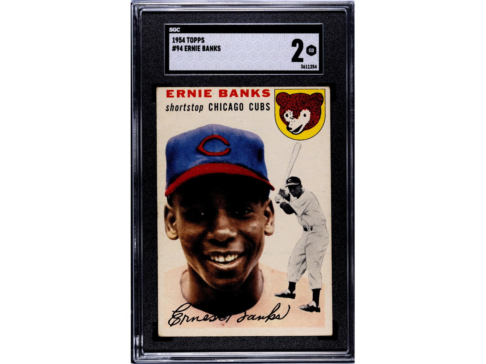 1954 Topps #94 Ernie Banks RC SGC 2: 1954 Topps baseball card #94 Ernie Banks, graded SGC 2. Rookie card of the Chicago Cubs Hall of Fame shortstop. SGC #3611254 Shipping: Weiss Auctions offers full-service, in-house shipping for nearly 