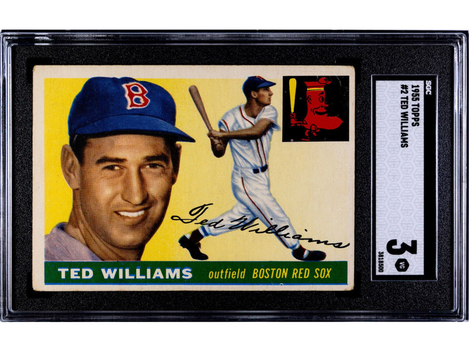 1955 Topps #2 Ted Williams SGC 3: 1955 Topps baseball card #2 Ted Williams, graded SGC 3. Classic Topps issue of the Boston Red Sox Hall of Fame slugger. SGC #3818500 Shipping: Weiss Auctions offers full-service, in-house shipping for
