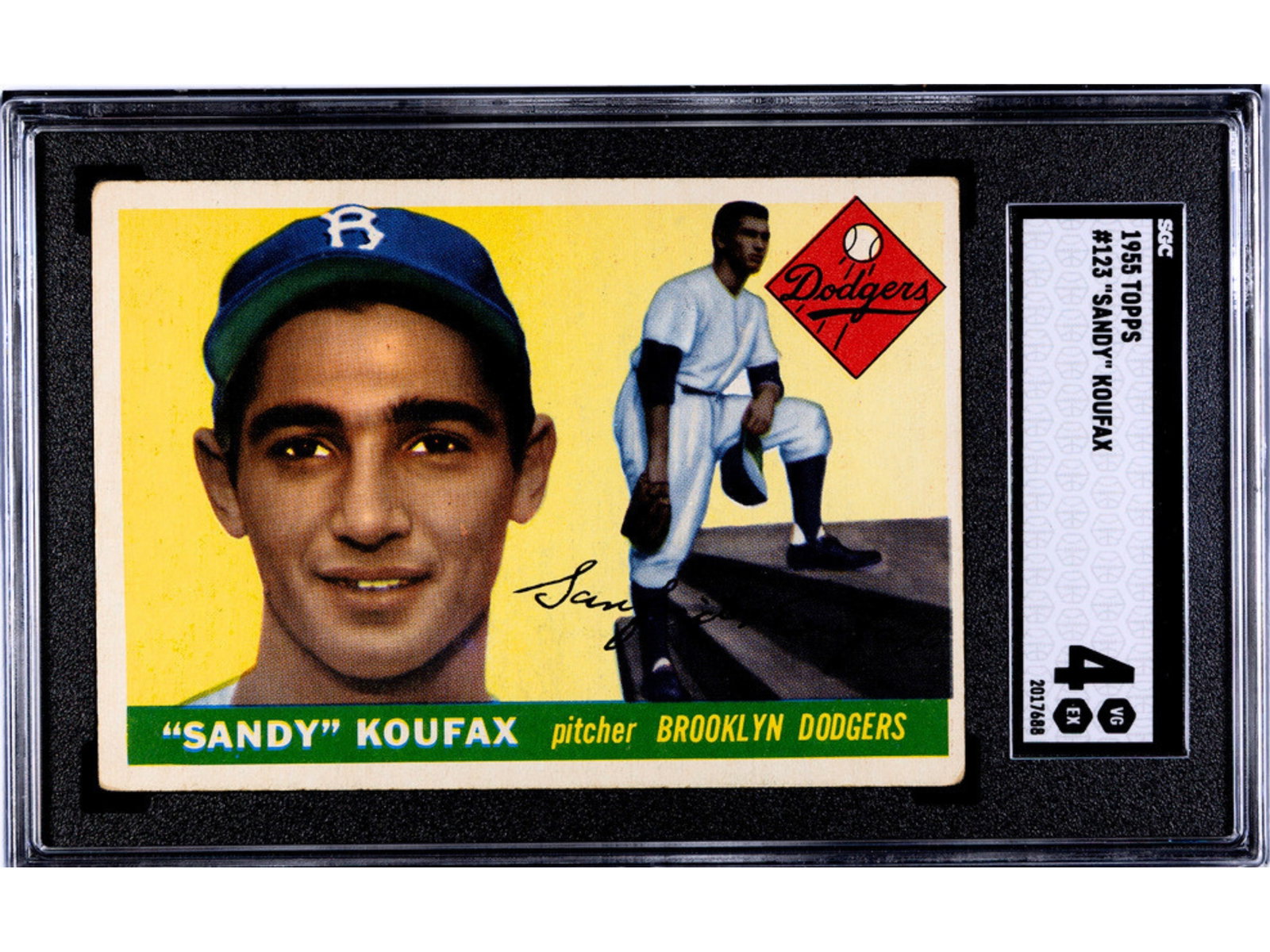 1955 Topps #123 Sandy Koufax RC SGC 4: 1955 Topps baseball card #123 Sandy Koufax, graded SGC 4. Rookie card of the Los Angeles Dodgers Hall of Fame pitcher and one of the most desirable cards of the decade. SGC #2017688 Shipping: Weiss Au