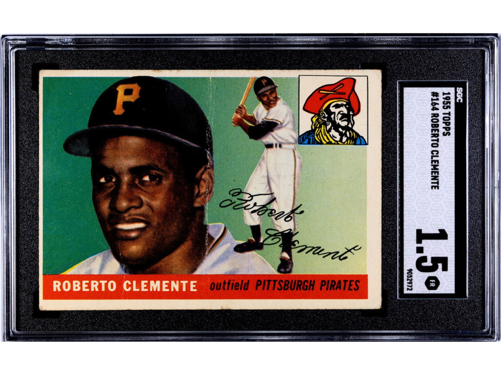 1955 Topps #164 Roberto Clemente RC SGC 1.5: 1955 Topps baseball card #164 Roberto Clemente, graded SGC 1.5. Rookie card of the Pittsburgh Pirates Hall of Famer and one of the hobby's key postwar cards. SGC #9052972 Shipping: Weiss Auctions offe
